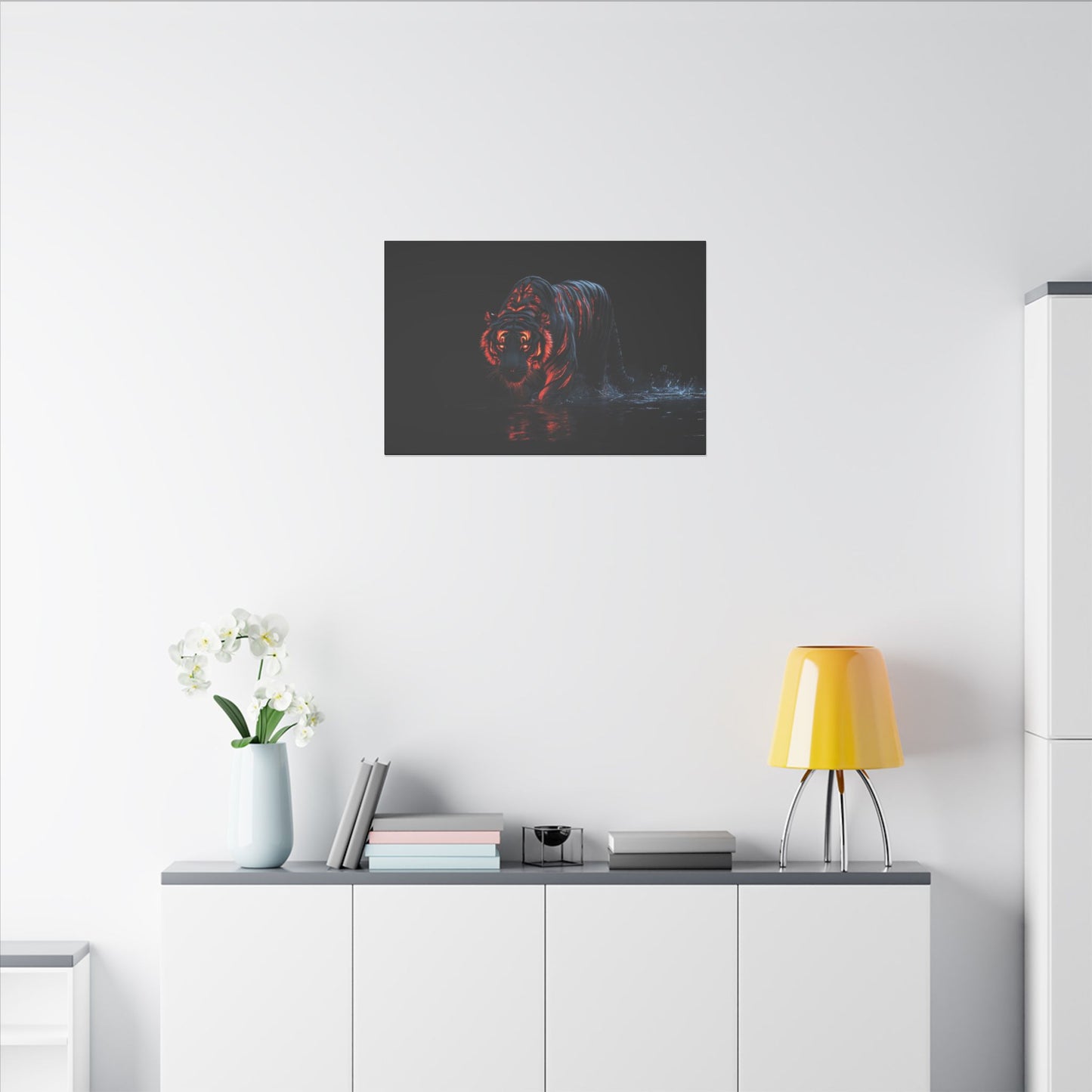 "Tiger with Glowing Red Stripes Wall Art on premium canvas, acrylic, and metal – front view featuring a majestic tiger with vibrant red stripes"