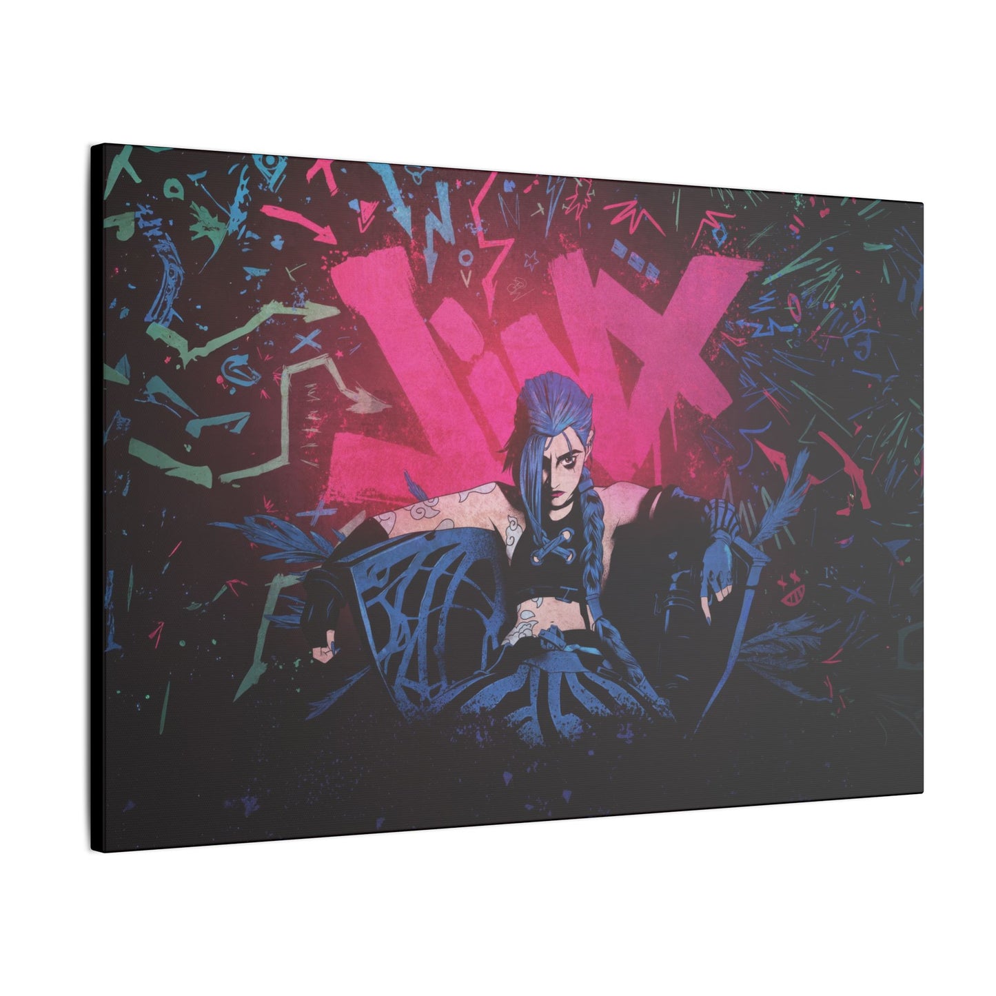 "Jinx from Arcane Wall Art on premium canvas, acrylic, and metal – front view featuring the edgy character Jinx"