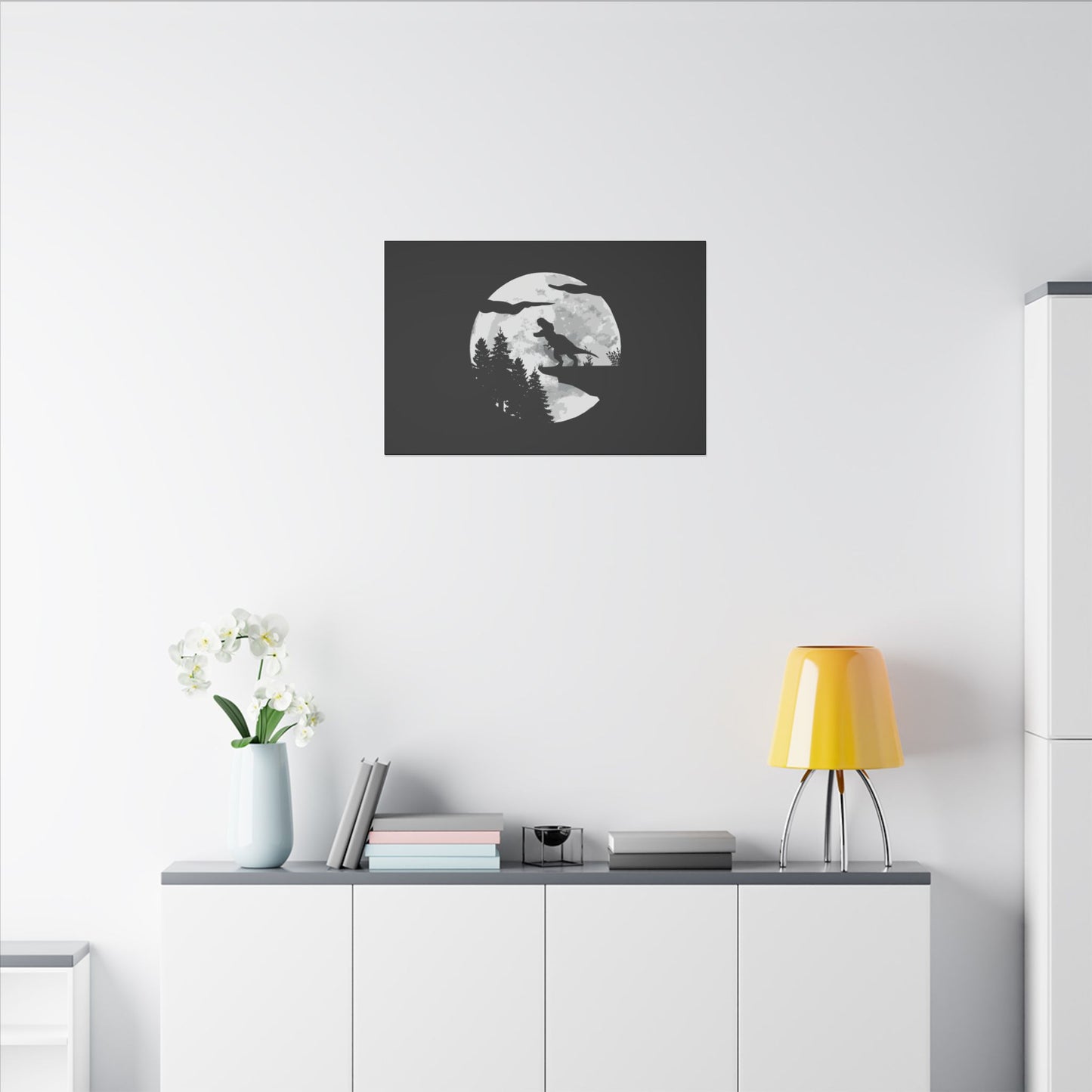 "T-Rex Silhouette Wall Art on premium canvas, acrylic, and metal – front view featuring a bold T-Rex silhouette"