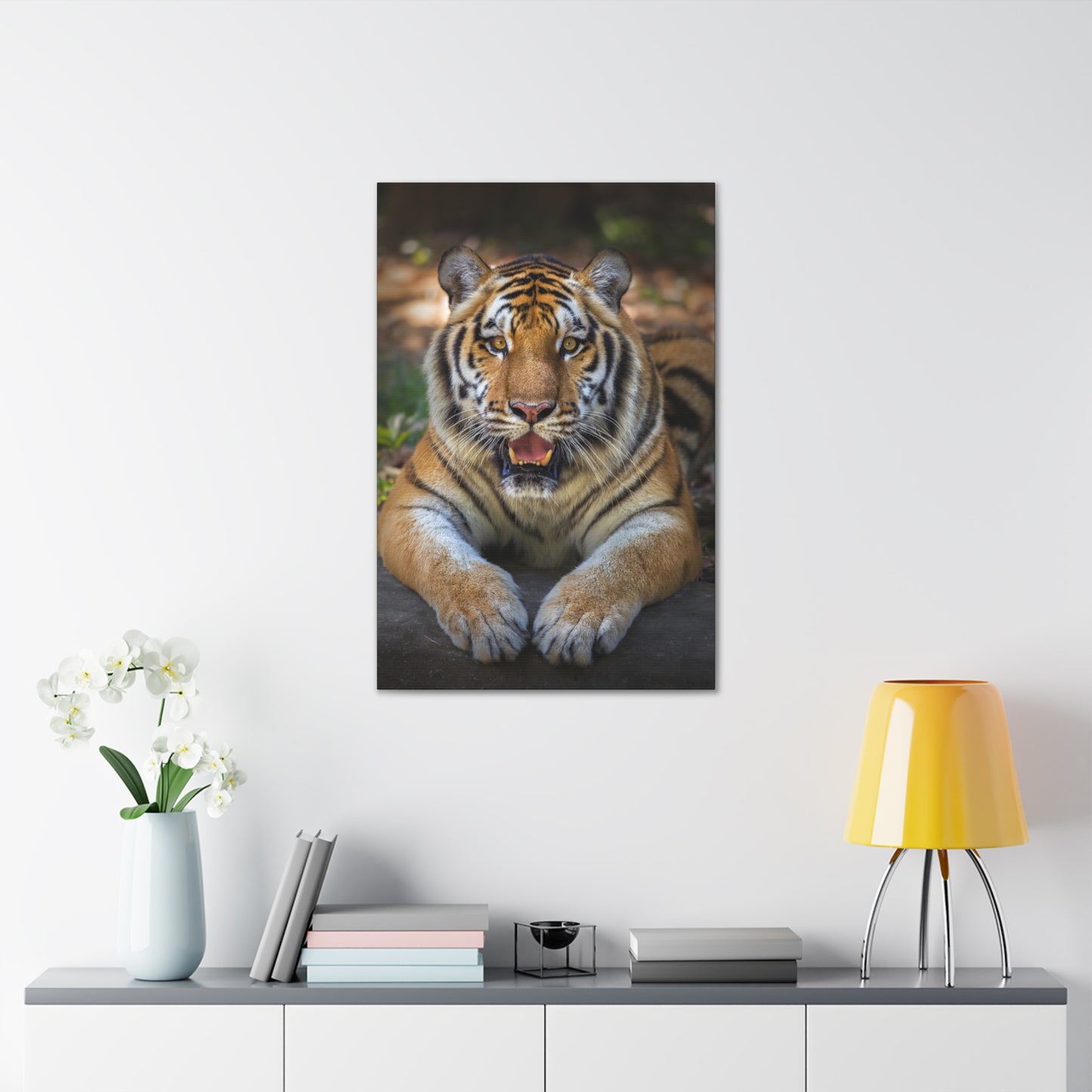 "Wild Resilience – Panting Tiger Wall Art on canvas, acrylic, and metal – front view featuring a fierce tiger mid-pant with intense eyes."
