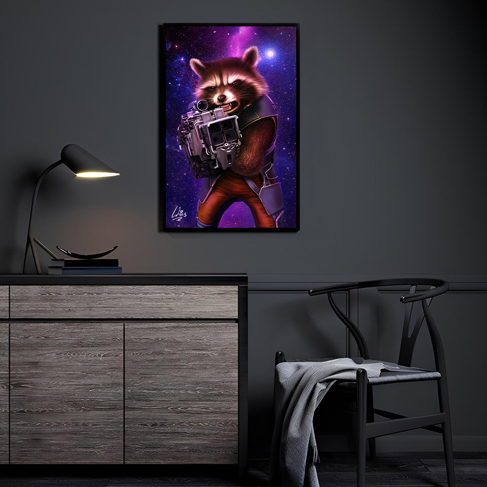 "Trash Panda Tactics – Rocket Raccoon Wall Art on canvas, acrylic, and metal – front view featuring Rocket armed with blasters in battle stance."