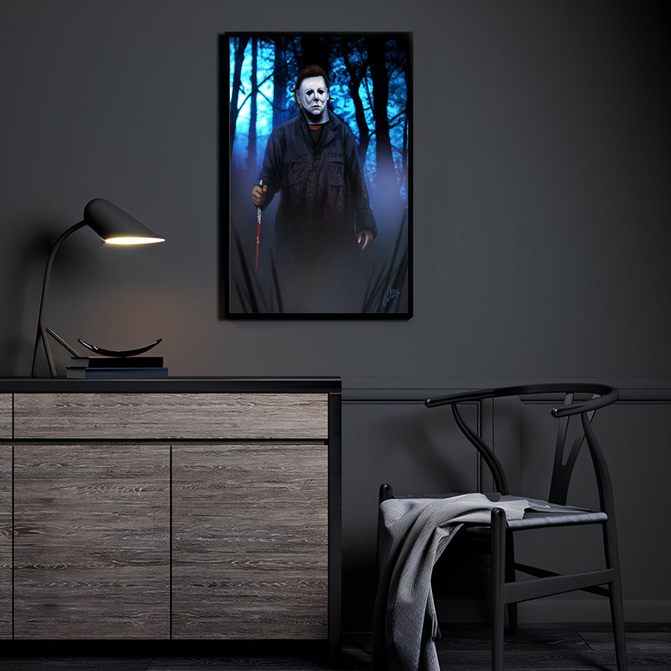 "The Shape of Fear – Michael Myers Wall Art on canvas, acrylic, and metal – Michael Myers standing in shadows with mask and knife."