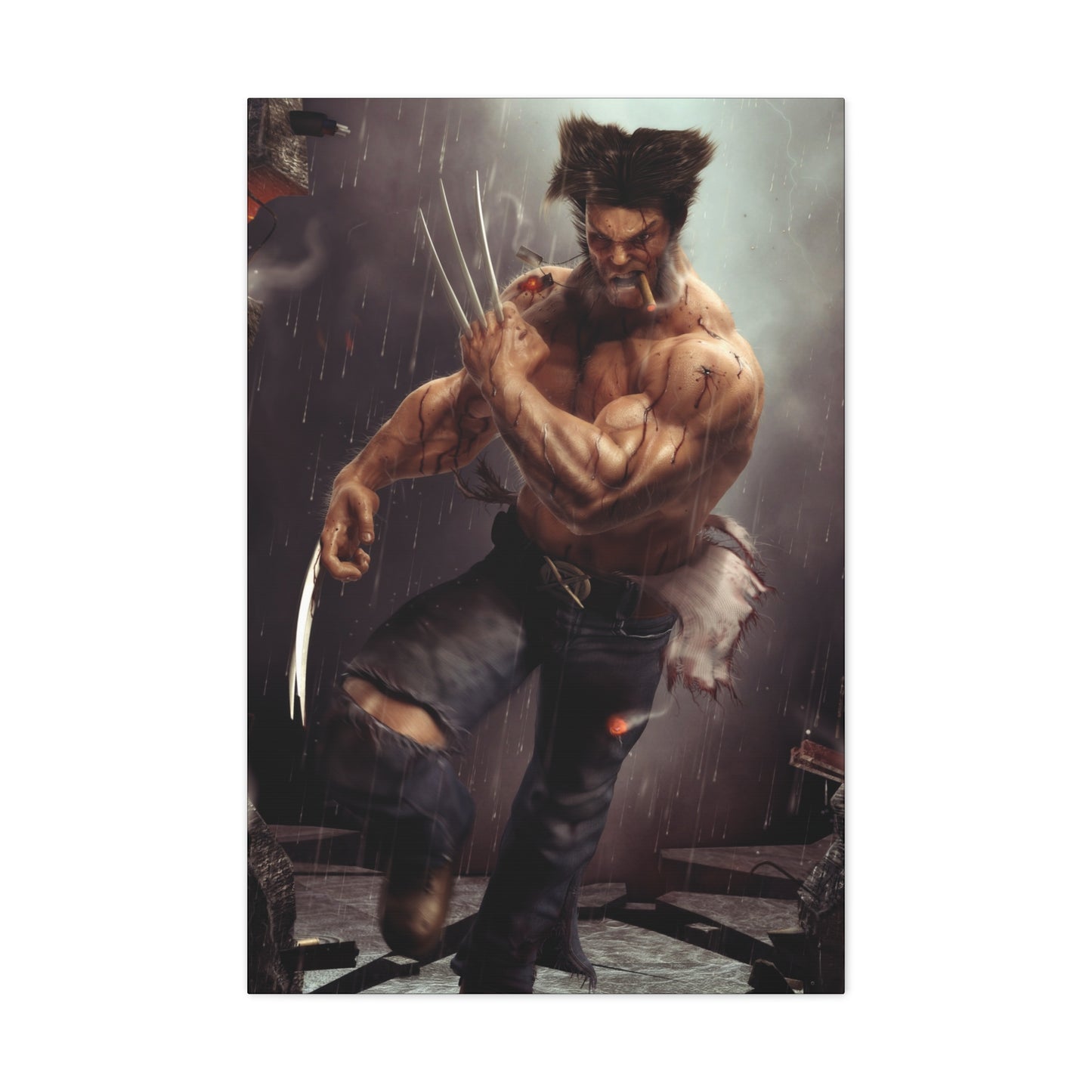 "Berserker Unchained – Wolverine Cutting Loose Wall Art on canvas, acrylic, and metal – front view featuring Wolverine mid-slash, claws extended in full rage."