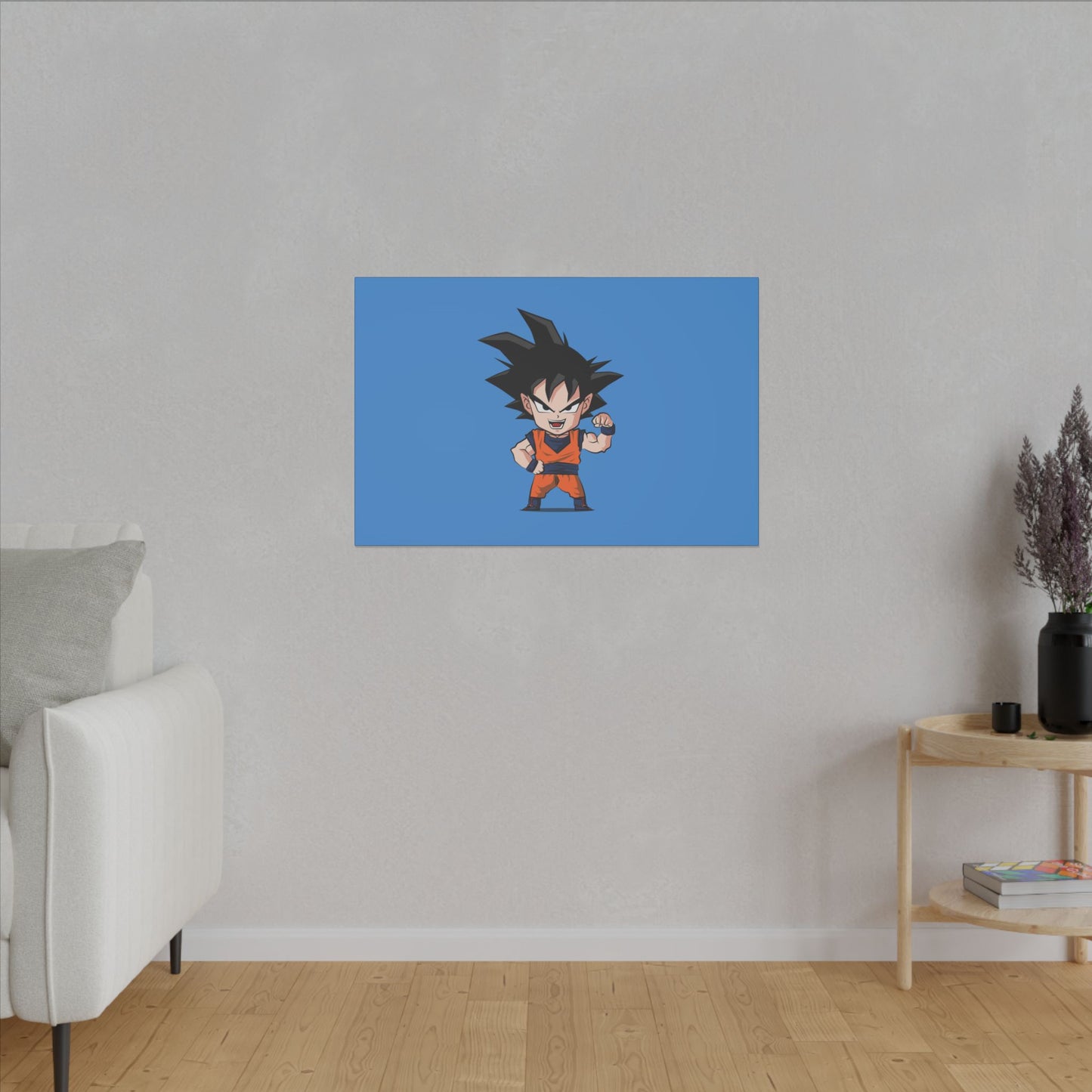 "Chibi Goku Wall Art on canvas, acrylic, and metal – front view featuring adorable chibi Goku"
