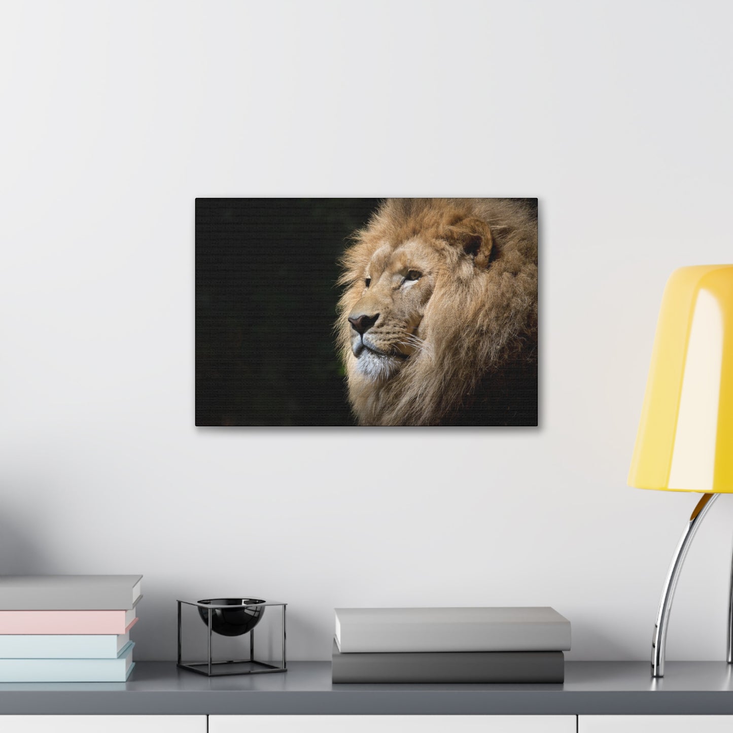 "Shadow King – Lion Portrait on Black Background Wall Art on canvas, acrylic, and metal – front view featuring a dramatic lion face against a dark background."