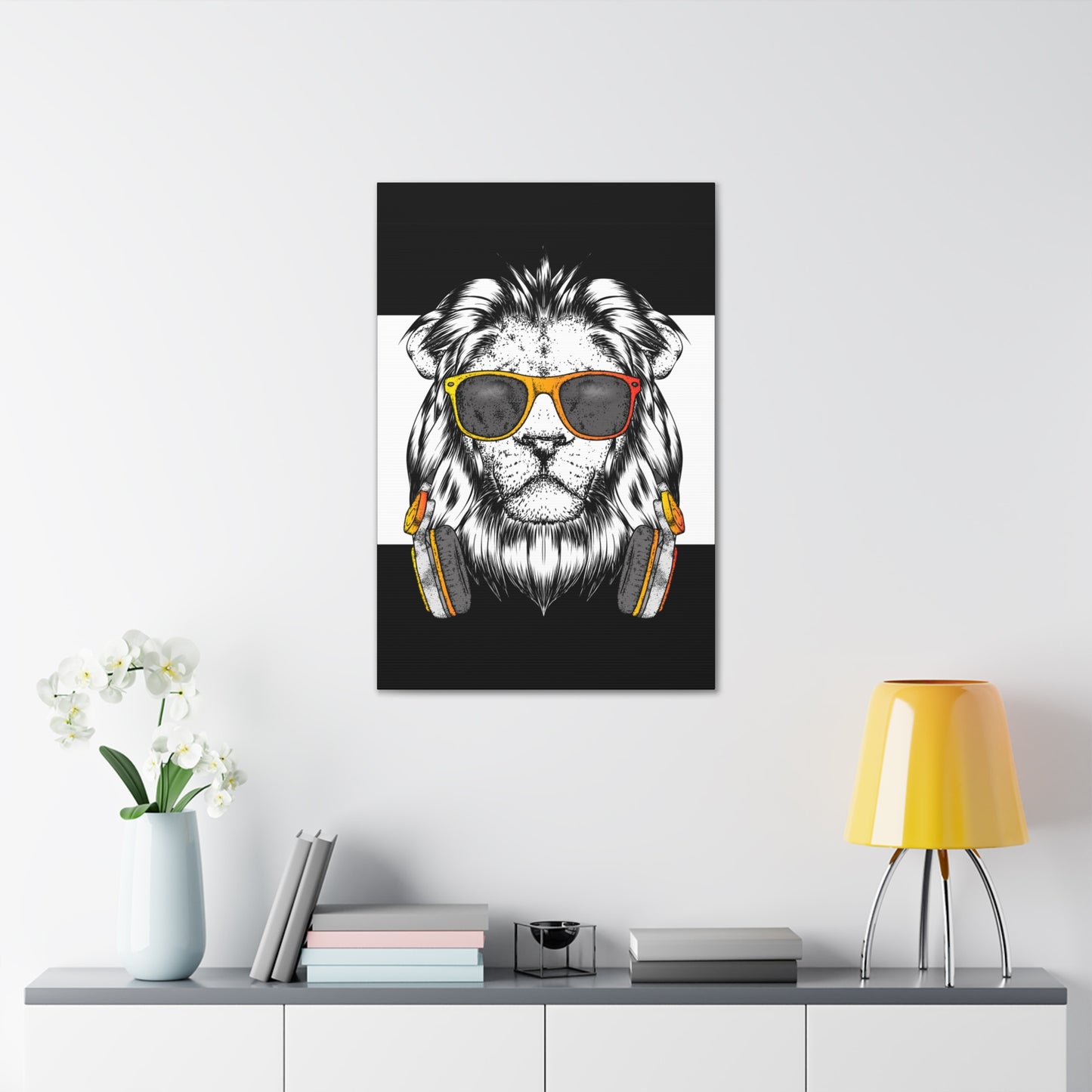 "Cool Lion with Headphones & Shades Wall Art on canvas, acrylic, and metal – front view of urban music-inspired design"