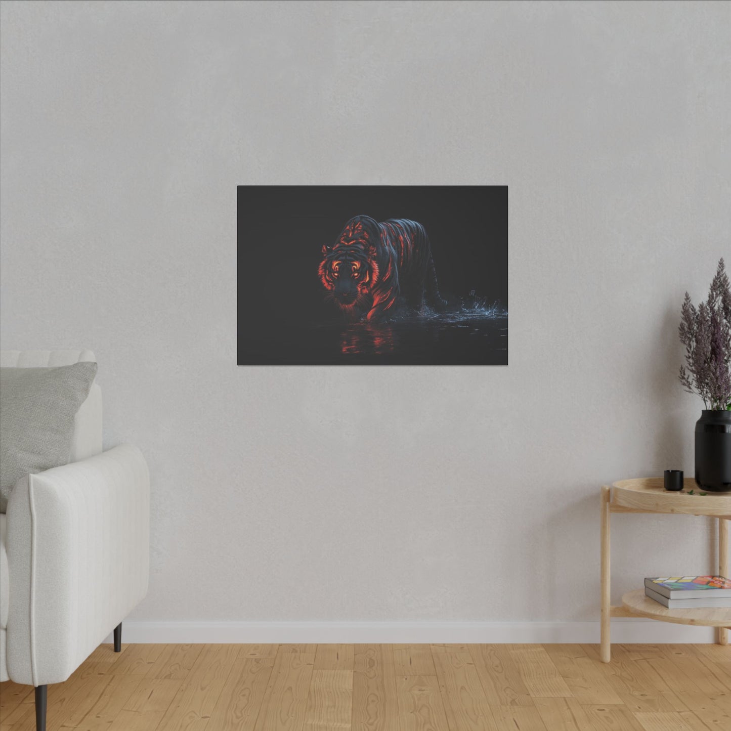 "Tiger with Glowing Red Stripes Wall Art on premium canvas, acrylic, and metal – front view featuring a majestic tiger with vibrant red stripes"