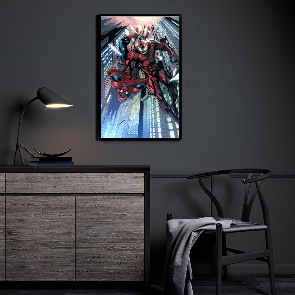 Spider-Man vs. Carnage battle art print on 11x17 paper with skyscraper setting