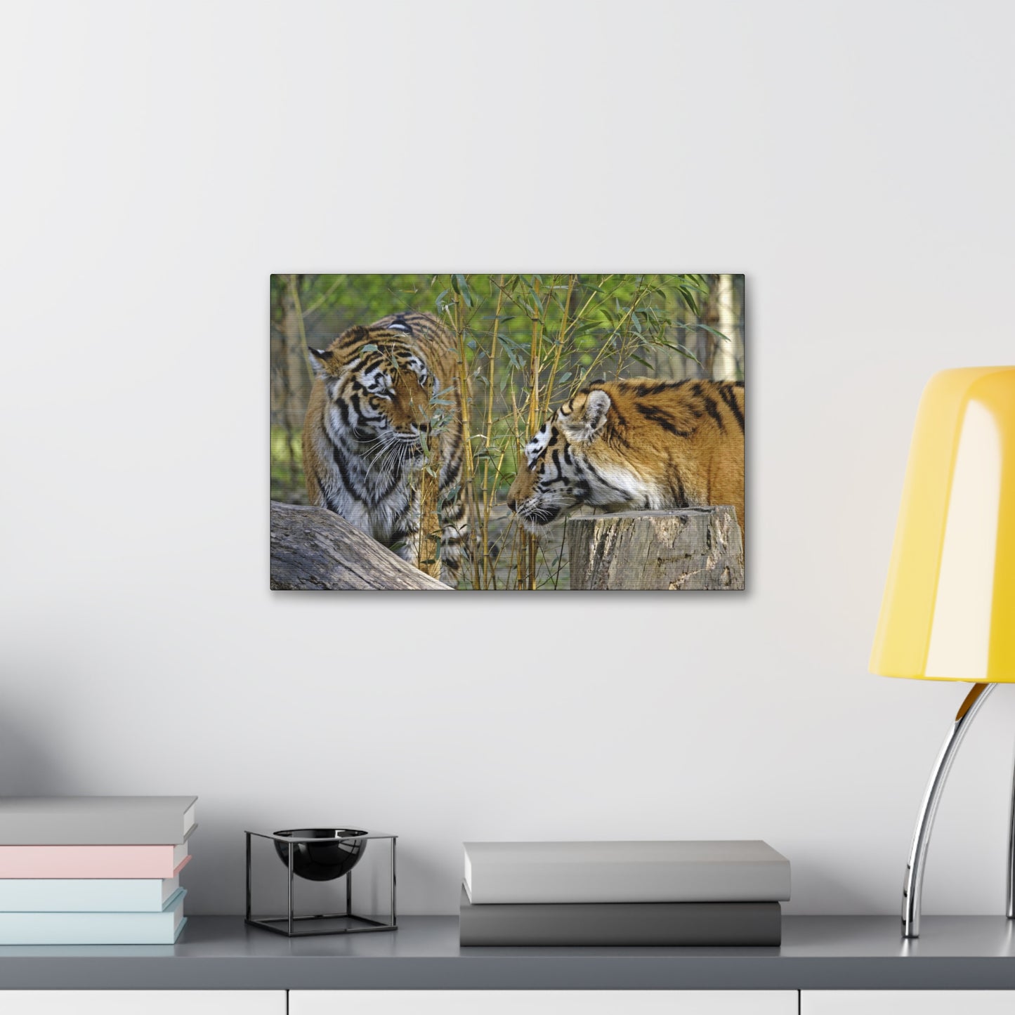 "Clash of Kings – Fighting Tigers Wall Art on canvas, acrylic, and metal – front view featuring two fierce tigers preparing to battle."