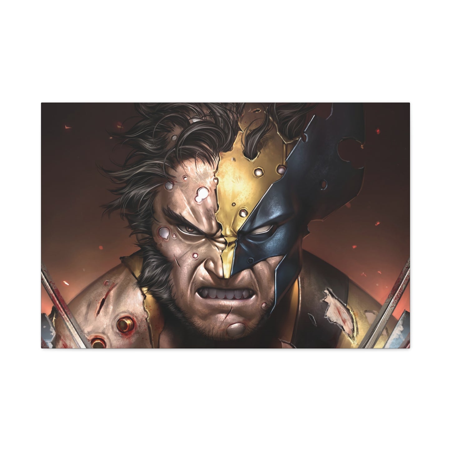 "Unbreakable Rage – Battle-Damaged Wolverine Wall Art on canvas, acrylic, and metal – front view featuring Wolverine in a torn costume, claws extended in fury."