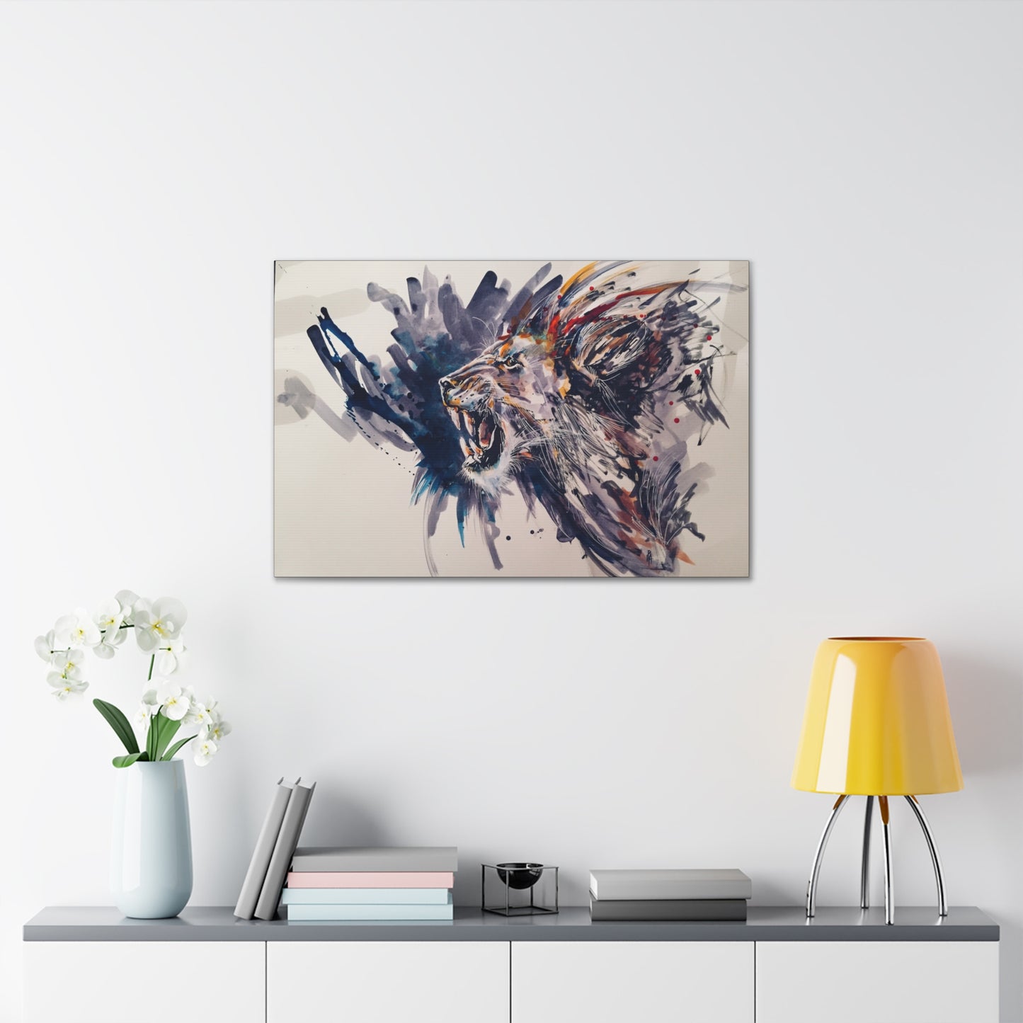 "Watercolor Majesty – Abstract Lion Watercolor Wall Art on canvas, acrylic, and metal – front view featuring a fluid and expressive watercolor lion."