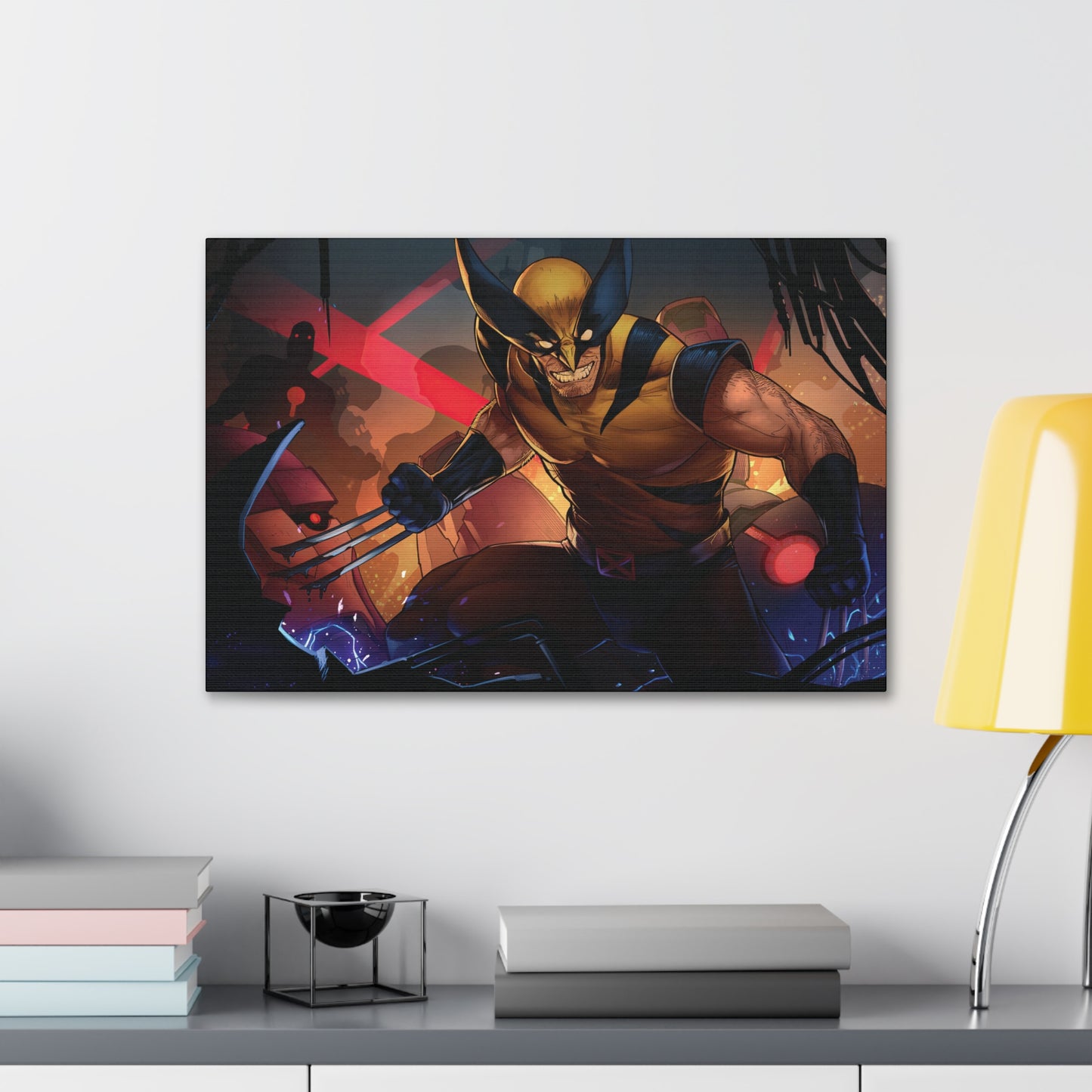 "Berserker Unleashed – Wolverine vs. Sentinels Wall Art on canvas, acrylic, and metal – front view featuring Wolverine battling a towering Sentinel in a dynamic combat pose."