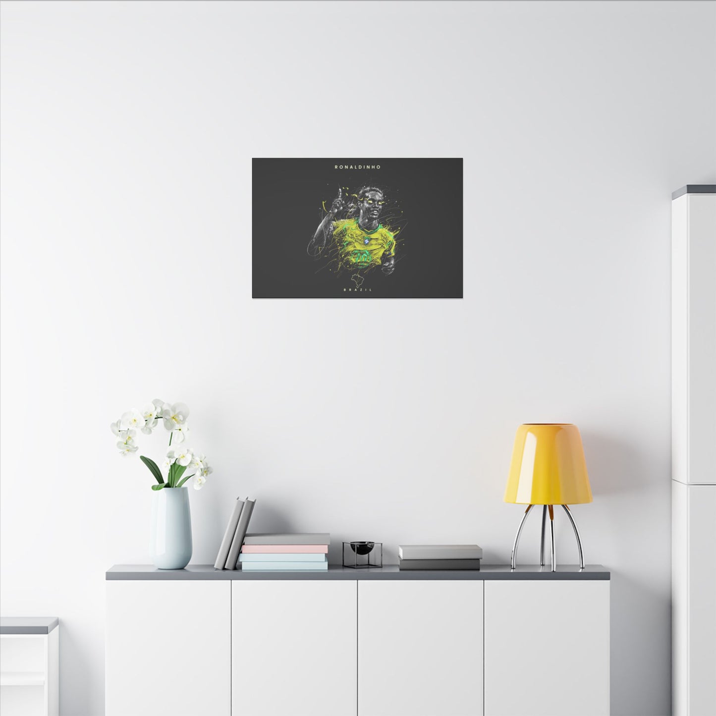 "Ronaldinho Soccer Art Print on premium canvas, acrylic, and metal – front view featuring the iconic Brazilian football legend"