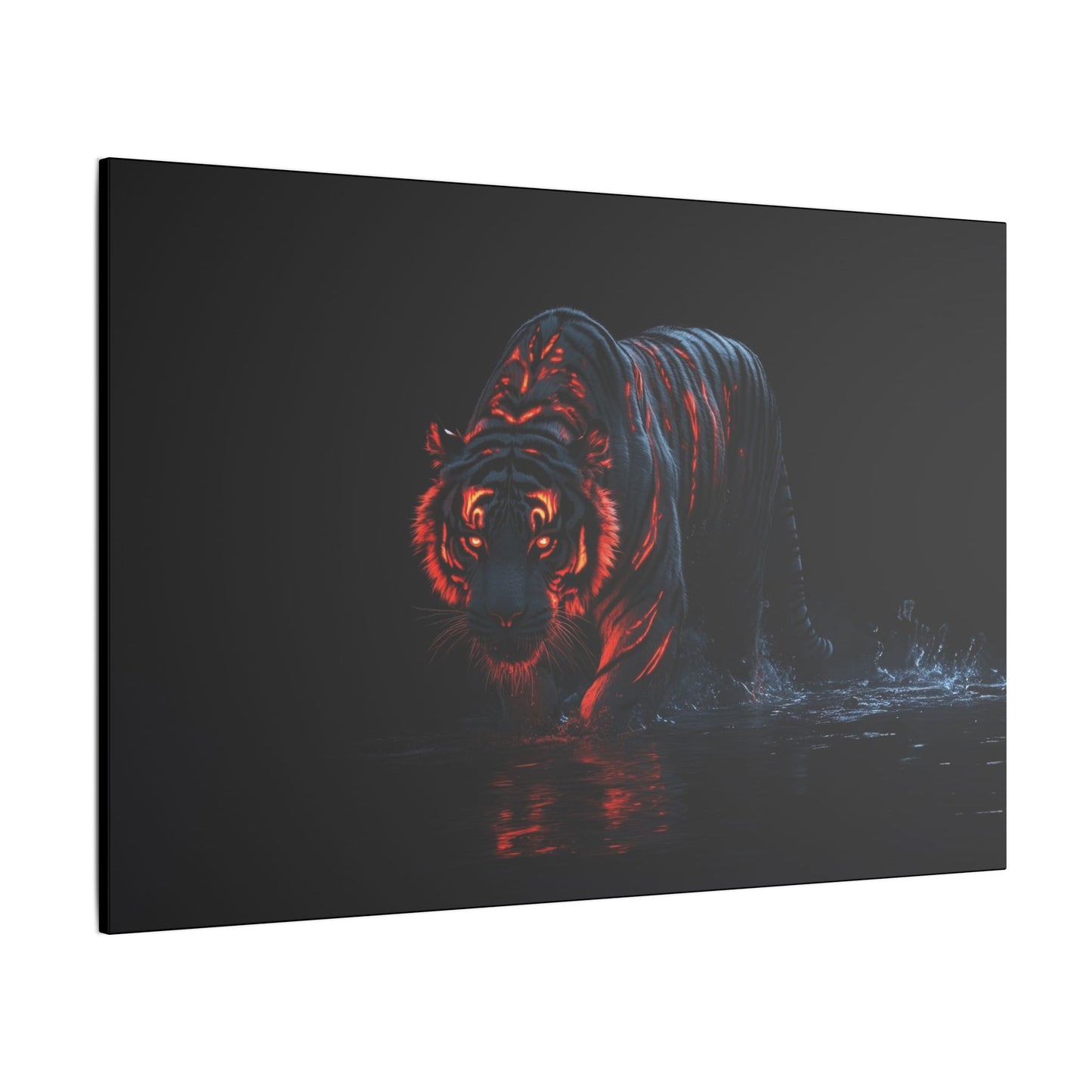 "Tiger with Glowing Red Stripes Wall Art on premium canvas, acrylic, and metal – front view featuring a majestic tiger with vibrant red stripes"