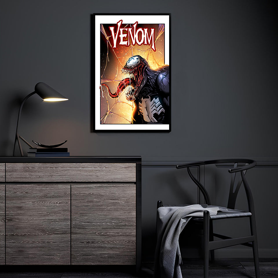 Venom snarling with tongue out and webs behind him, 11x17 comic print