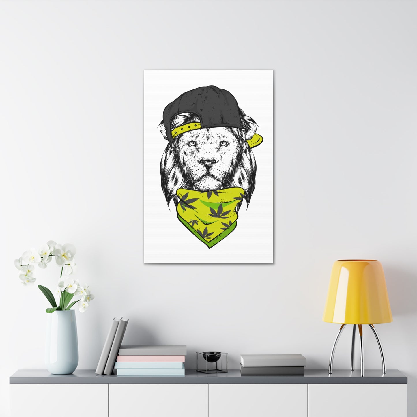 "Street Style Lion Wall Art on canvas, acrylic, and metal – front view featuring a lion with a sideways cap and bandana"