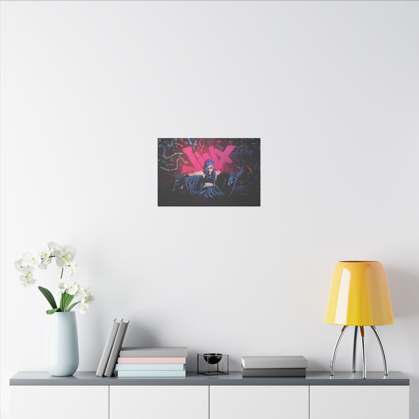 "Jinx from Arcane Wall Art on premium canvas, acrylic, and metal – front view featuring the edgy character Jinx"