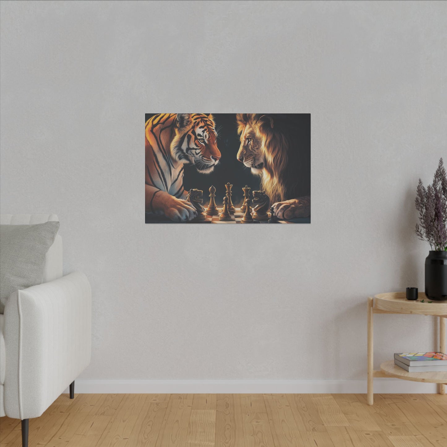 "Lion & Tiger Playing Chess Wall Art on canvas, acrylic, and metal – front view of symbolic wildlife strategy"