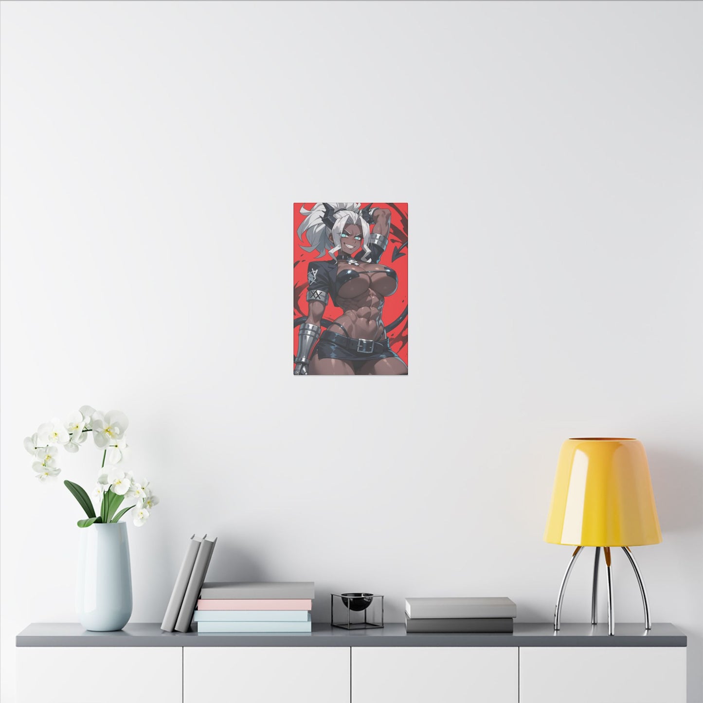 Helltaker Wall Art on premium canvas, acrylic, and metal – front view featuring the main character from Helltaker