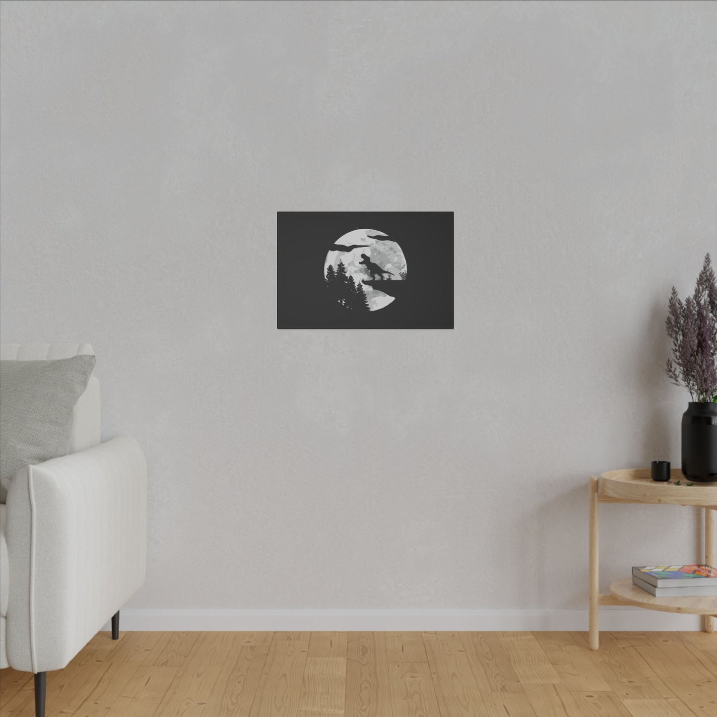 "T-Rex Silhouette Wall Art on premium canvas, acrylic, and metal – front view featuring a bold T-Rex silhouette"