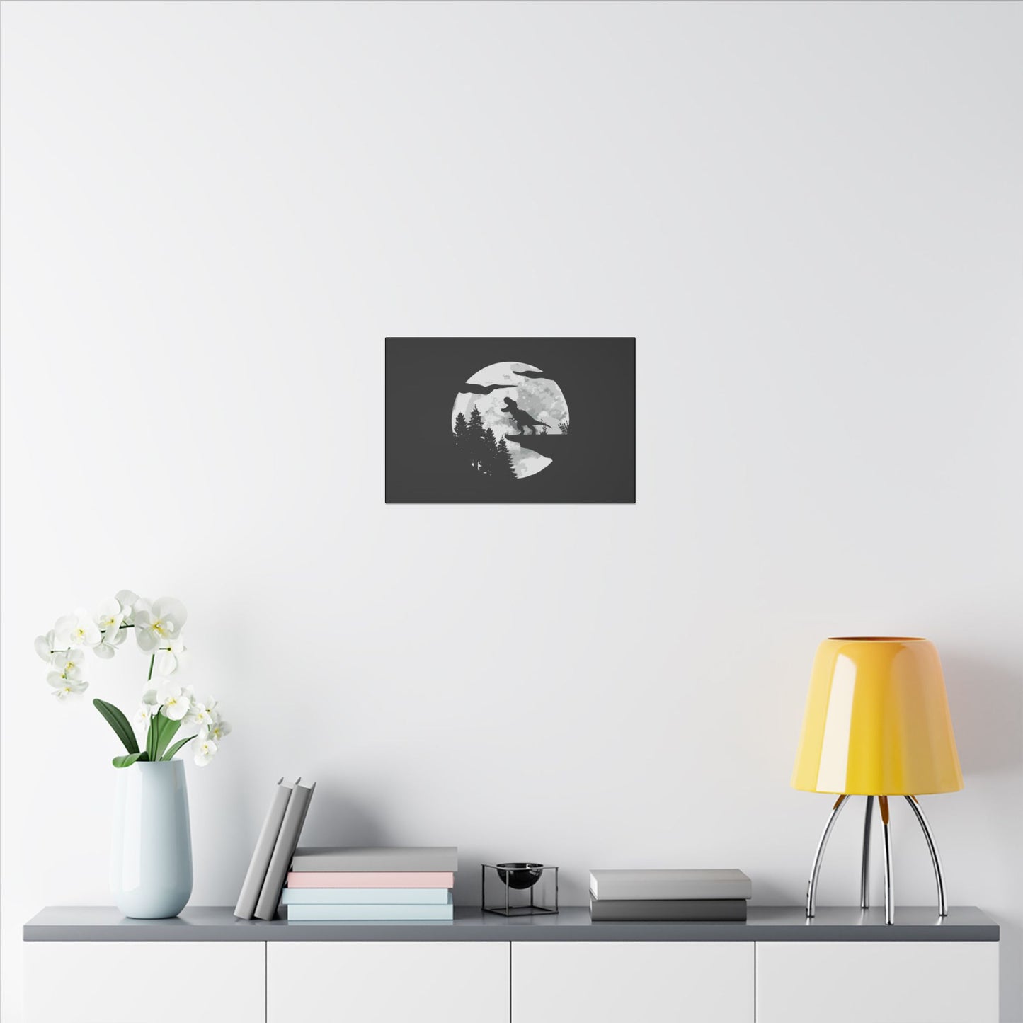 "T-Rex Silhouette Wall Art on premium canvas, acrylic, and metal – front view featuring a bold T-Rex silhouette"