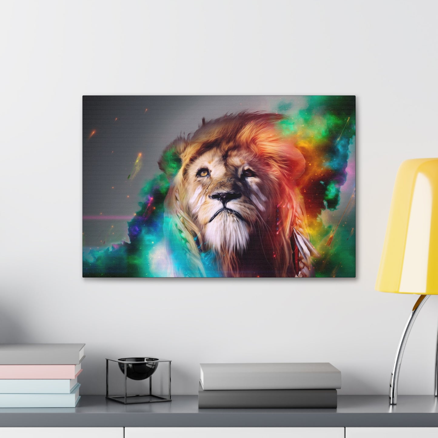 Prismatic King – Multicolor Mane Lion Wall Art on canvas, acrylic, and metal – front view featuring a vibrant, artistic lion with a colorful mane.