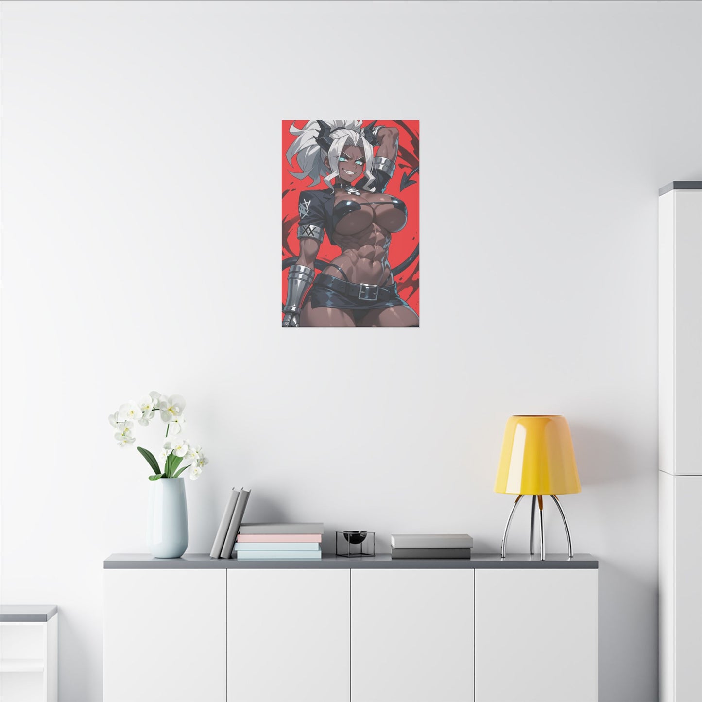 Helltaker Wall Art on premium canvas, acrylic, and metal – front view featuring the main character from Helltaker