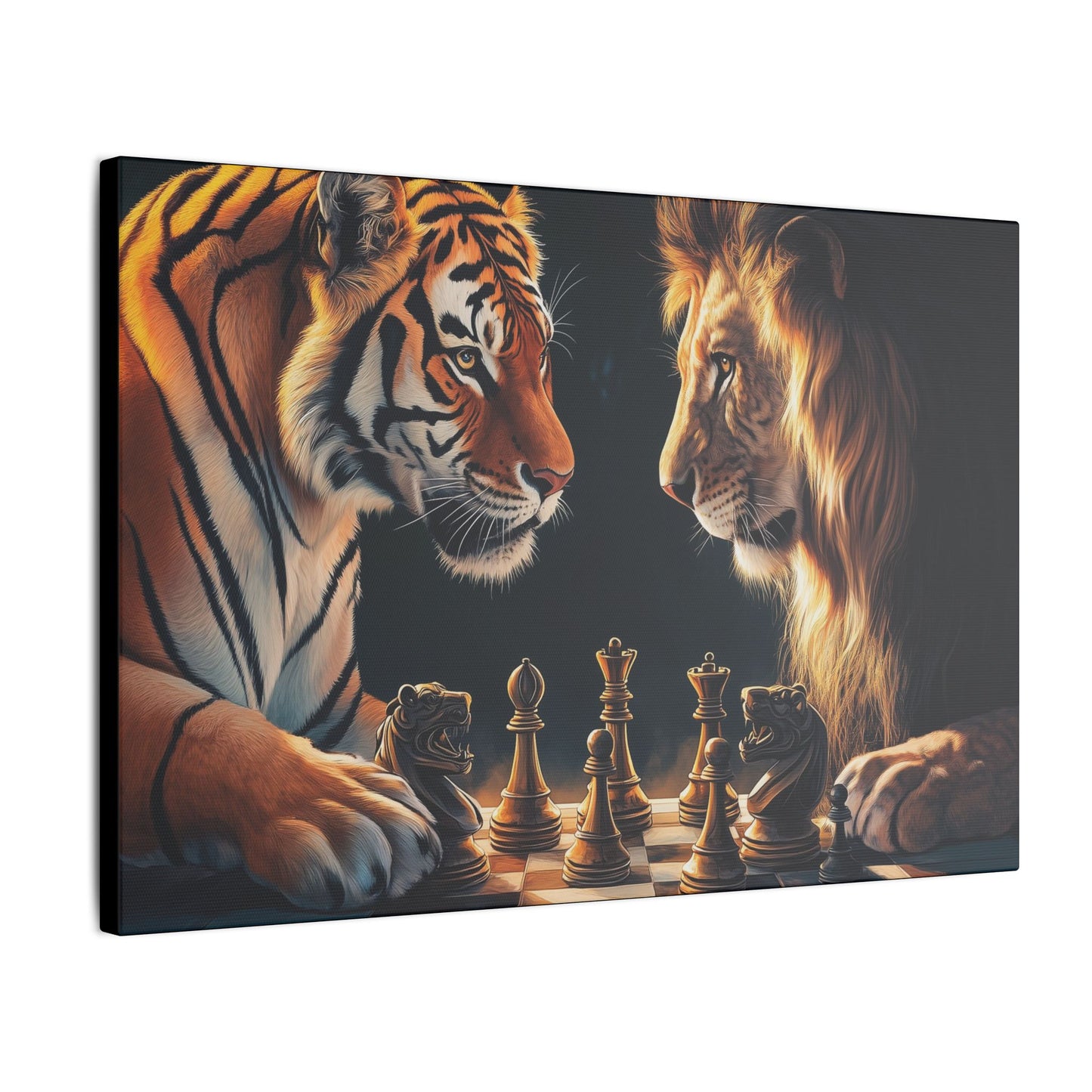 "Lion & Tiger Playing Chess Wall Art on canvas, acrylic, and metal – front view of symbolic wildlife strategy"