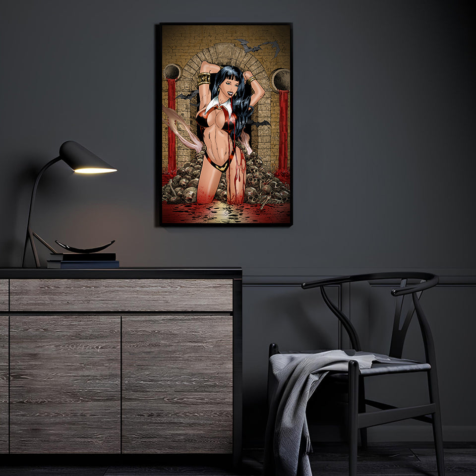 Vampirella-inspired vampire rising from a crimson pool before a stone arch; art by Ray Racho.