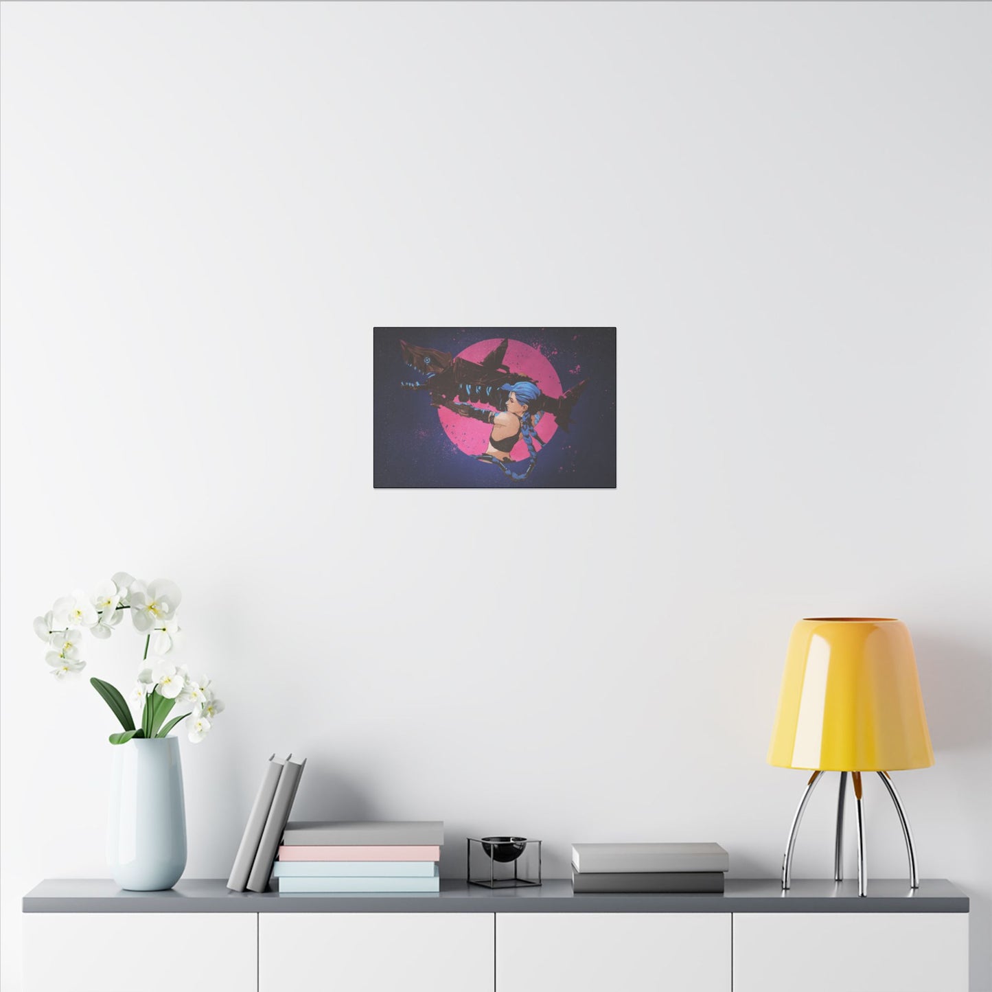 "Jinx from Arcane Wall Art on premium canvas, acrylic, and metal – front view featuring the edgy character Jinx"