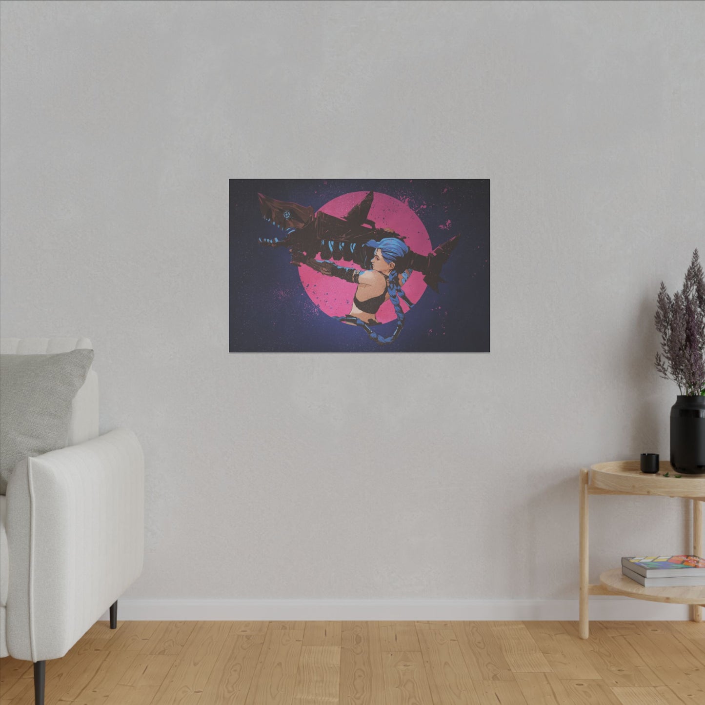 "Jinx from Arcane Wall Art on premium canvas, acrylic, and metal – front view featuring the edgy character Jinx"