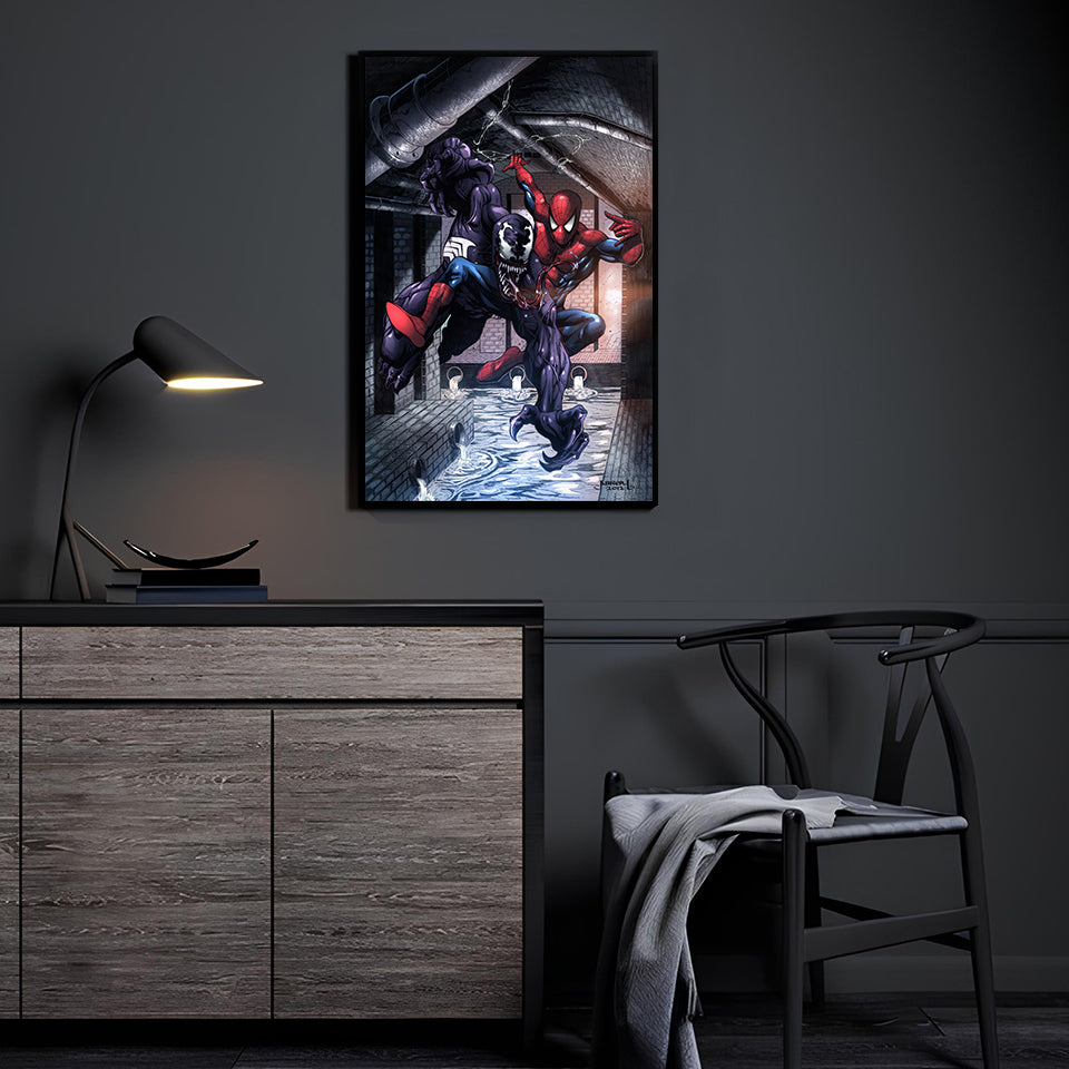 Spider-Man vs. Venom sewer battle 11x17 art print in dramatic comic style