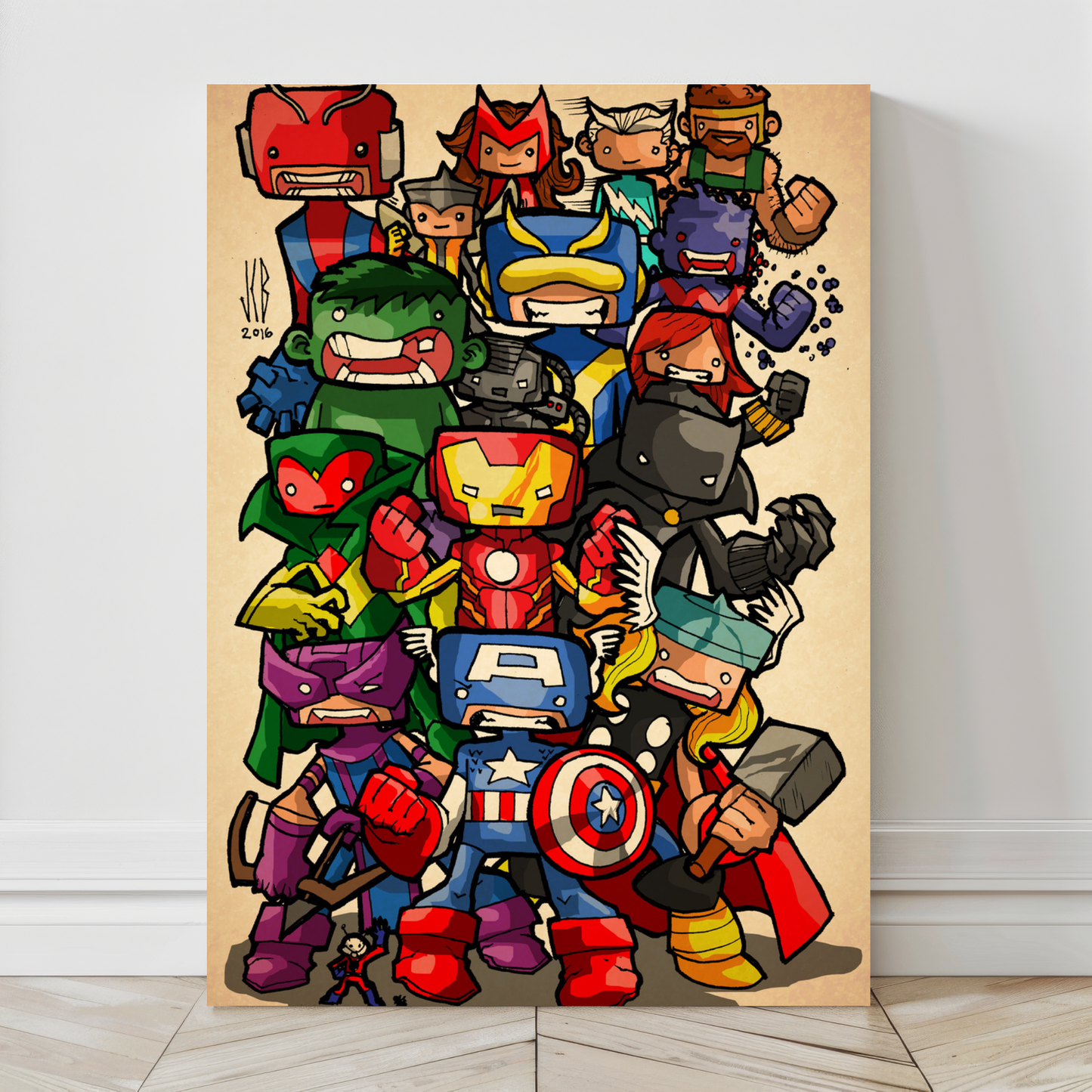 Alt Text: 24x36 canvas print of Marvel Avengers team in cartoon form