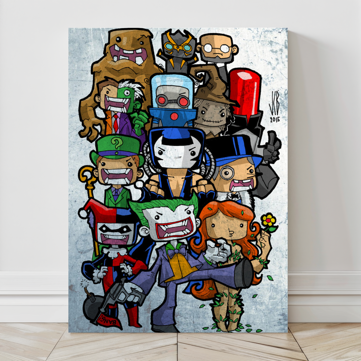 Alt Text: 24x36 large canvas of Gotham rogue characters in fun cartoon format