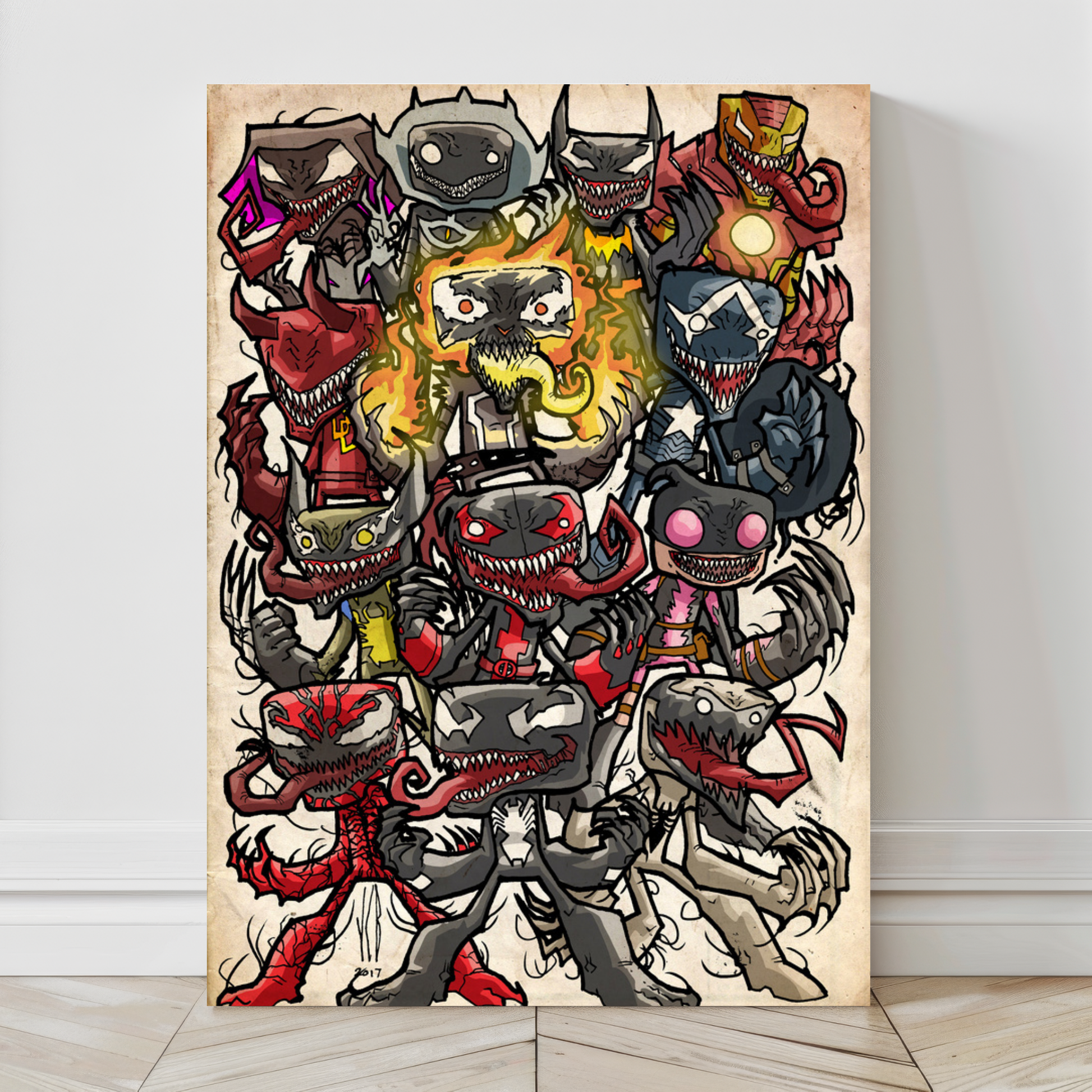 Alt Text: 24x36 canvas print of Venom symbiote chibi heroes by Jeff Benitez