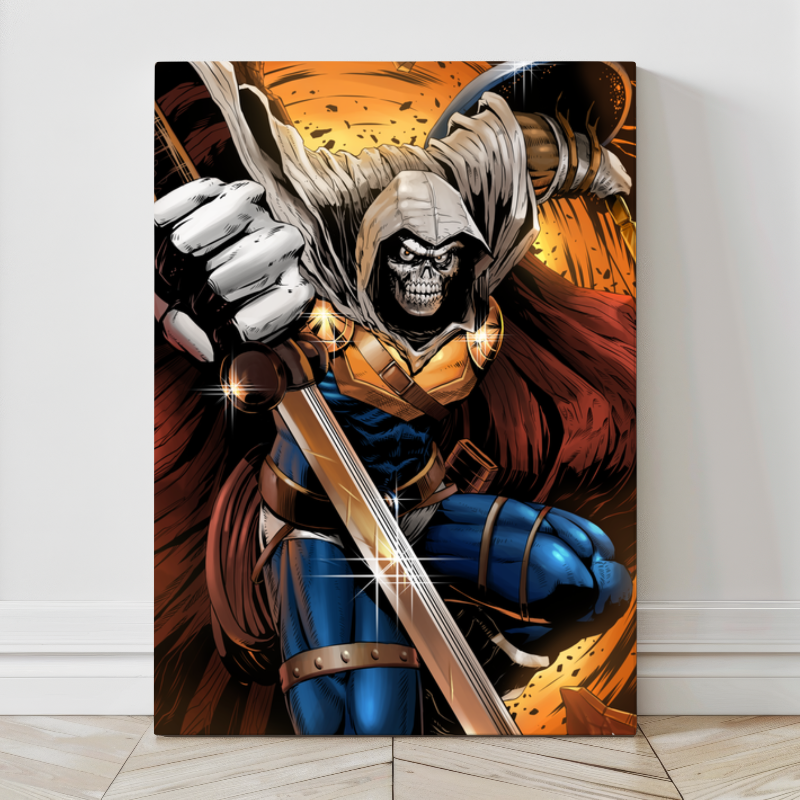 Oversized 24x36 canvas print of Marvel’s Taskmaster with hood, shield, and sword drawn.