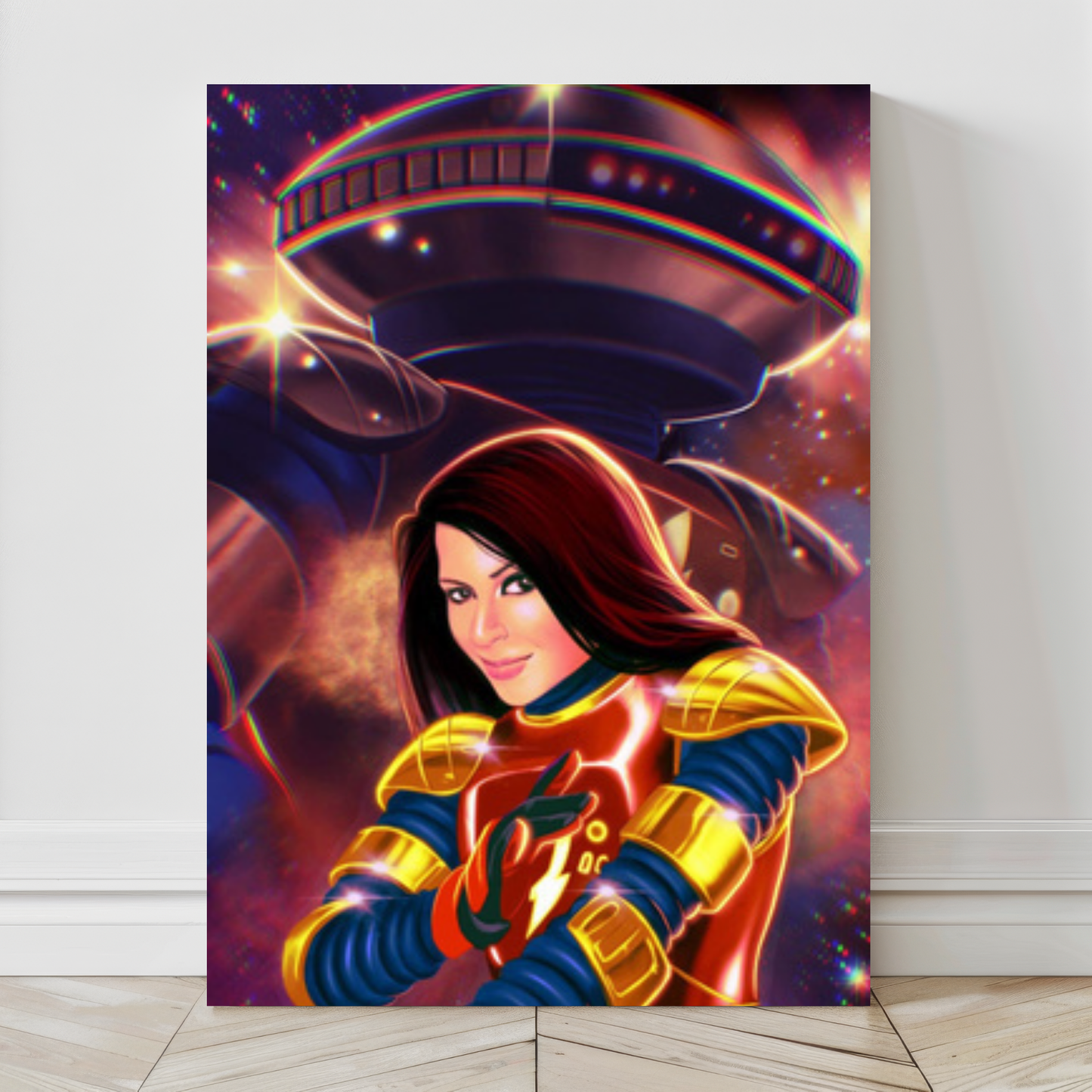 Alt Text: Oversized 24x36 canvas print of Alpha 5 in stylized Power Rangers armor.