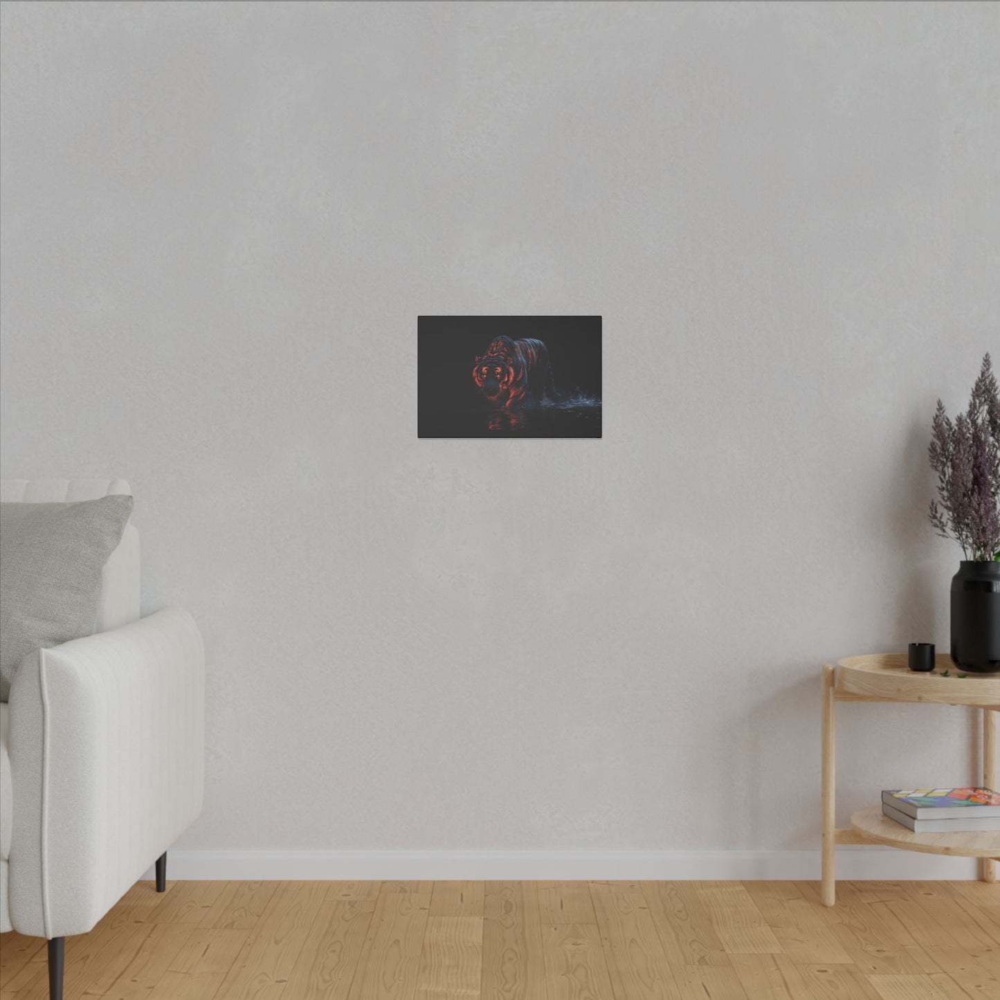 "Tiger with Glowing Red Stripes Wall Art on premium canvas, acrylic, and metal – front view featuring a majestic tiger with vibrant red stripes"