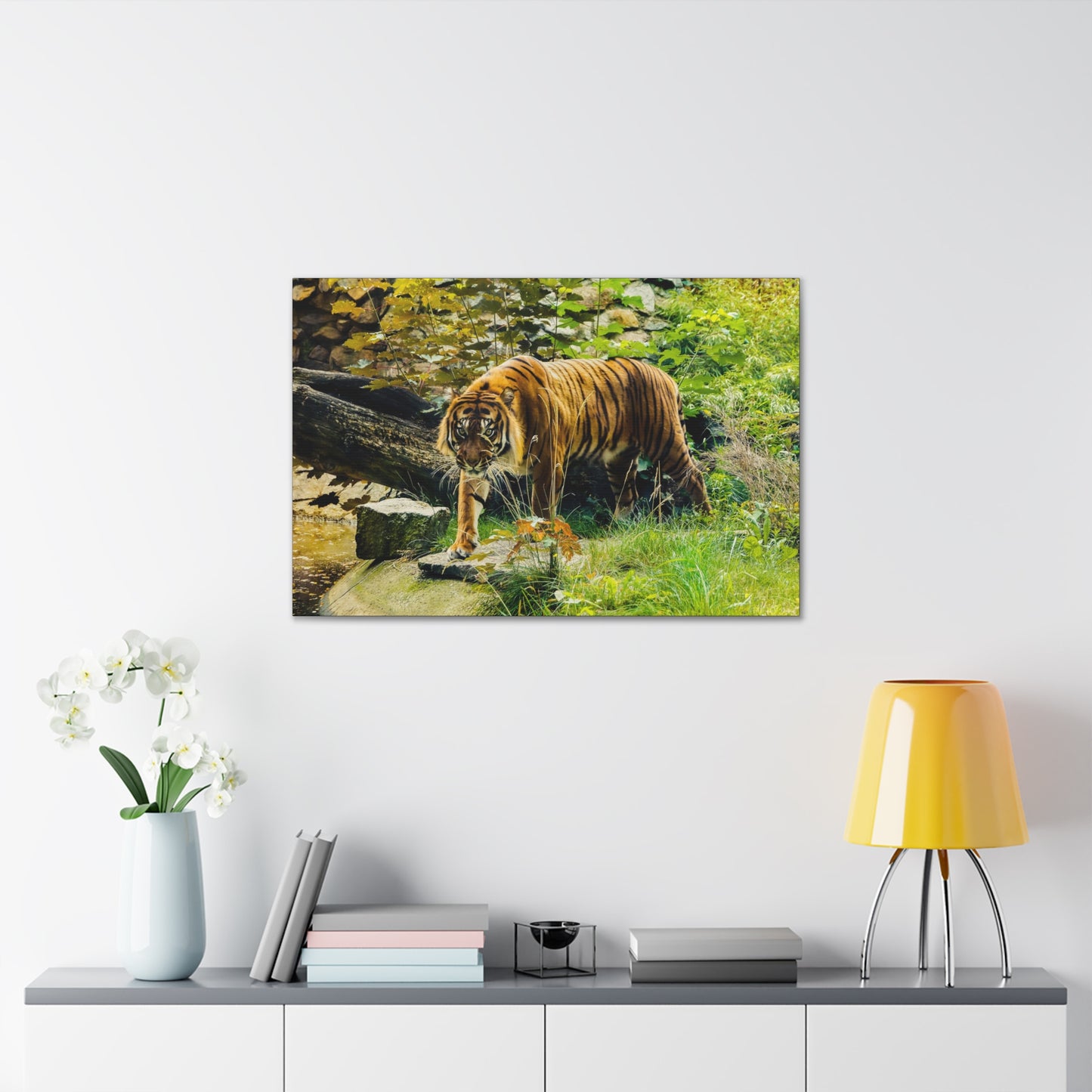 "Silent Predator – Tiger Drinking in the Grass Wall Art on canvas, acrylic, and metal – front view featuring a majestic tiger about to drink in a grassy field."