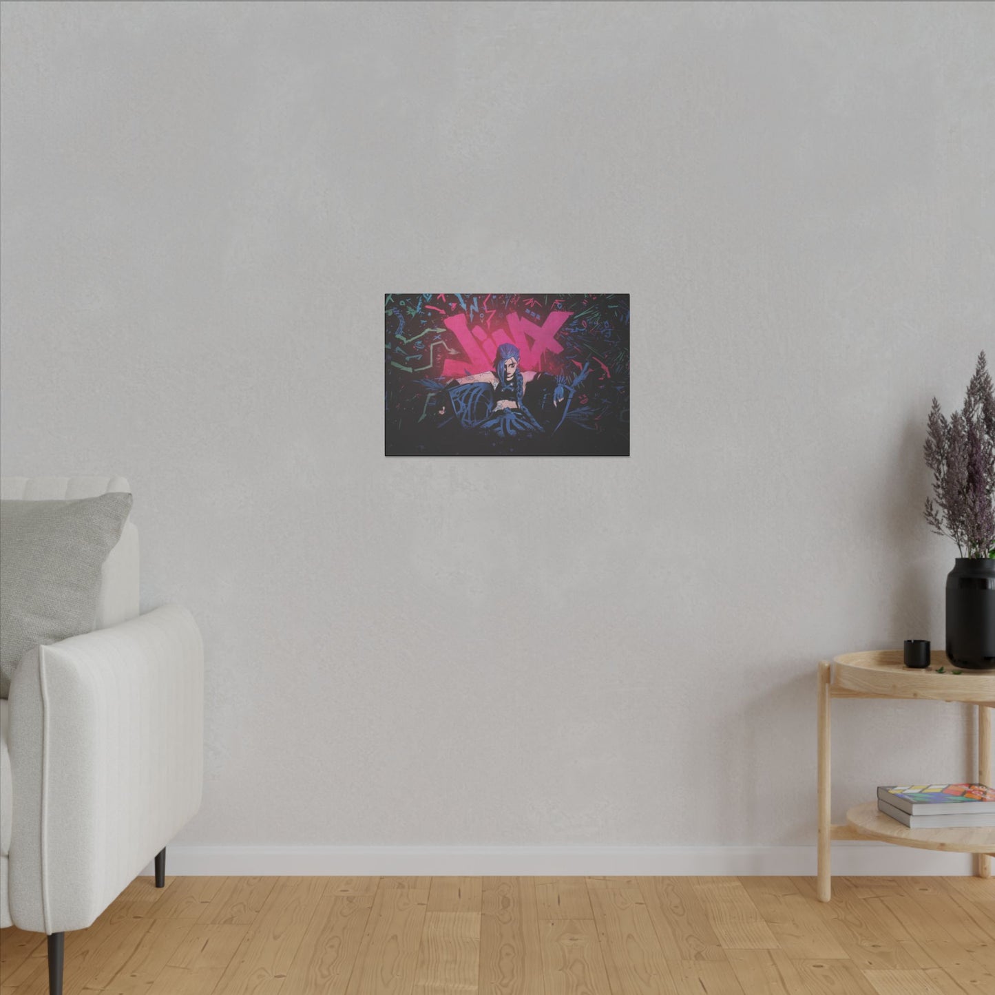 "Jinx from Arcane Wall Art on premium canvas, acrylic, and metal – front view featuring the edgy character Jinx"