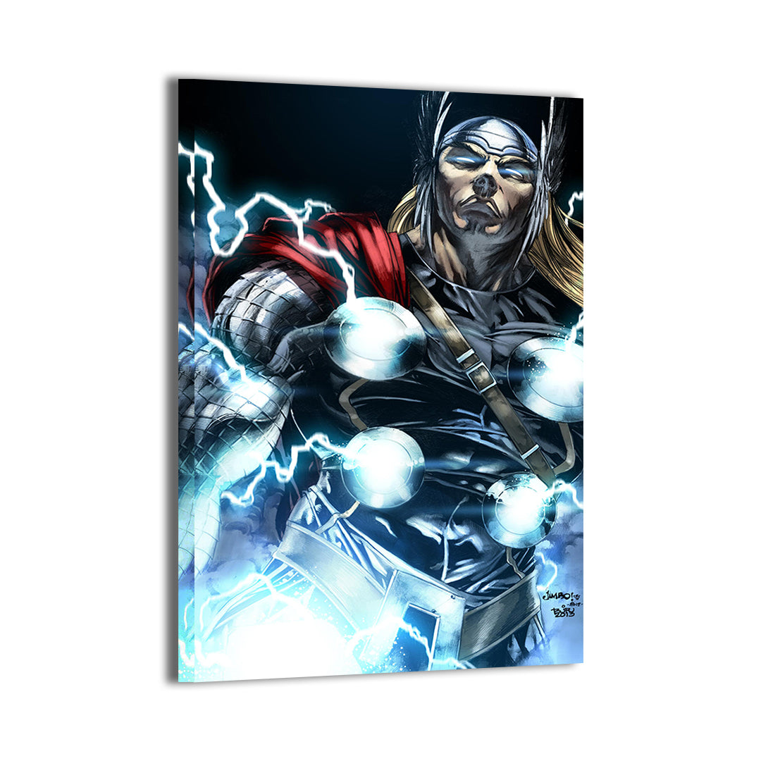 Thor in full armor glowing with lightning and rage, comic-style portrait, canvas wall print