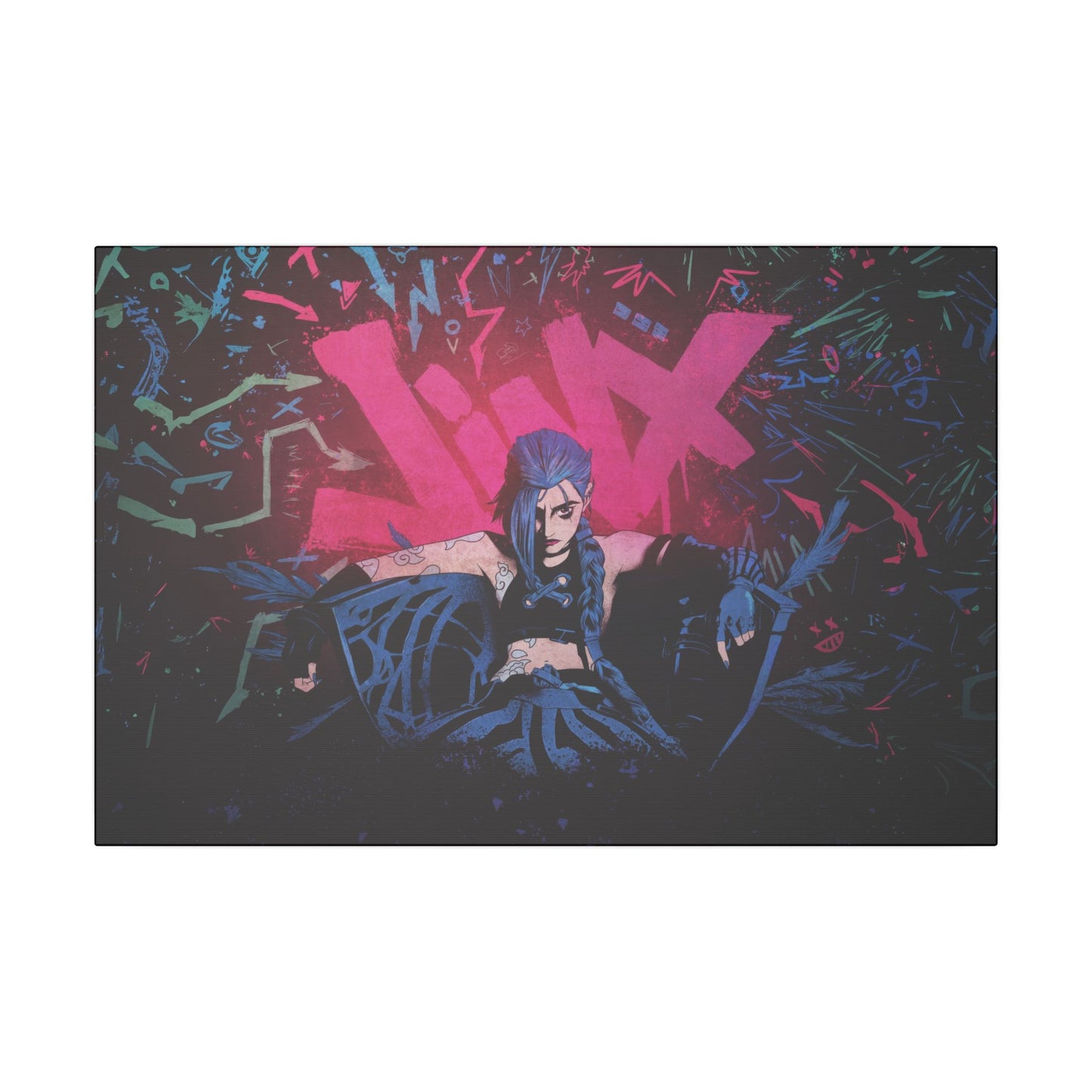 "Jinx from Arcane Wall Art on premium canvas, acrylic, and metal – front view featuring the edgy character Jinx"