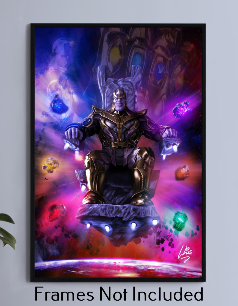 "Infinity Reign – Thanos Wall Art on canvas, acrylic, and metal – Thanos seated on throne with glowing Infinity Gauntlet."