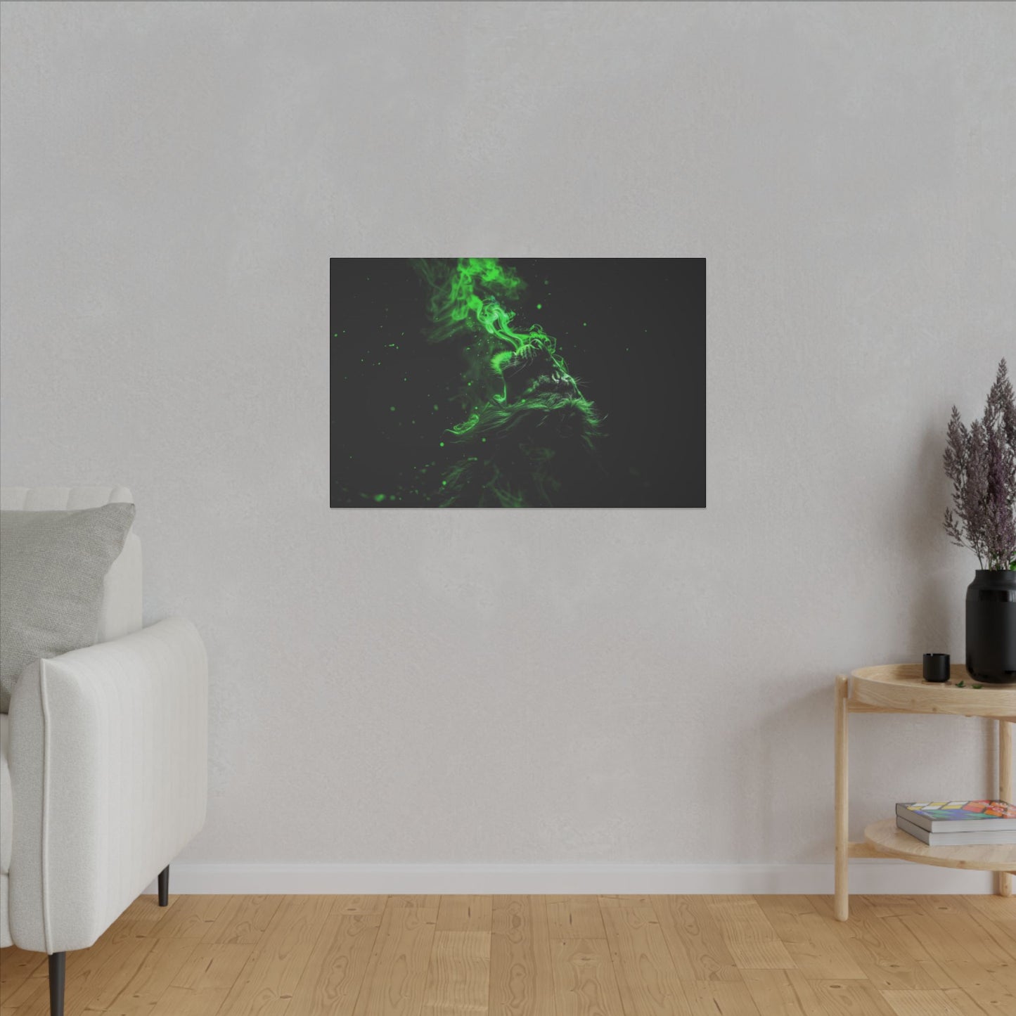 "Lion Breathing Smoke Wall Art on premium canvas, acrylic, and metal – front view"