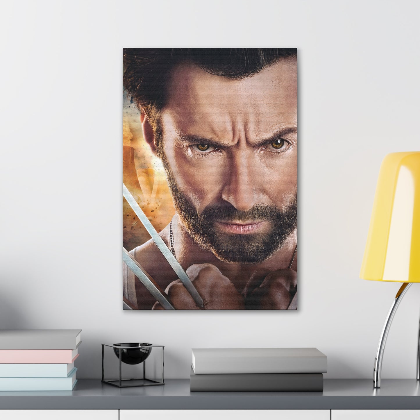"Weapon X – Hugh Jackman Wolverine Claw Wall Art on canvas, acrylic, and metal – front view featuring Hugh Jackman as Wolverine with one claw extended in battle stance."