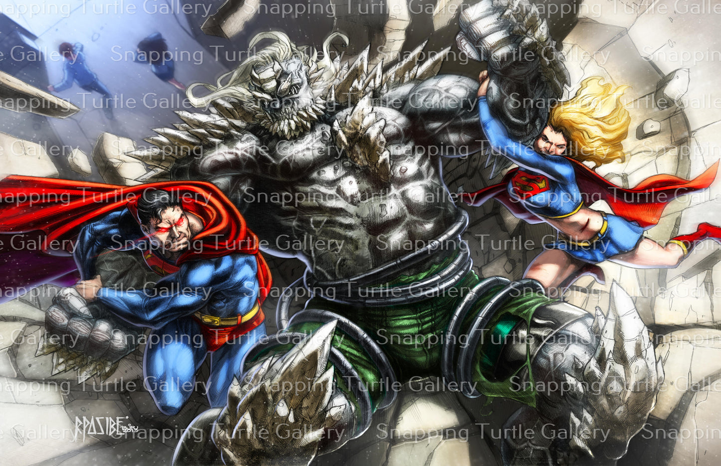 Doomsday battle with Superman and Supergirl – 12x18 canvas art