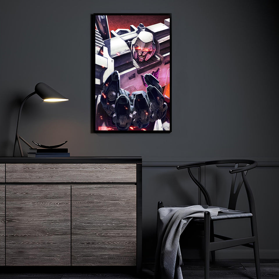 Mechanical villain with red eyes and fusion cannon – 12x18 canvas