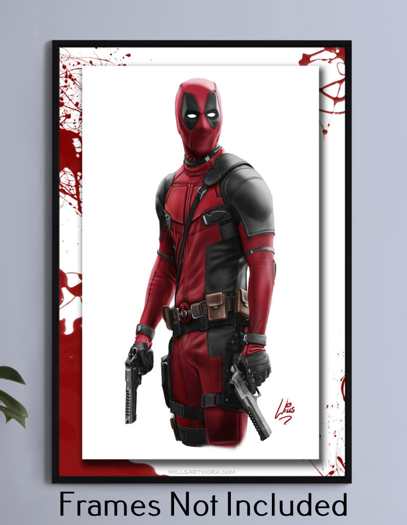 "Maximum Mayhem – Deadpool Movie Wall Art on canvas, acrylic, and metal – Deadpool in full costume with weapons and signature pose."