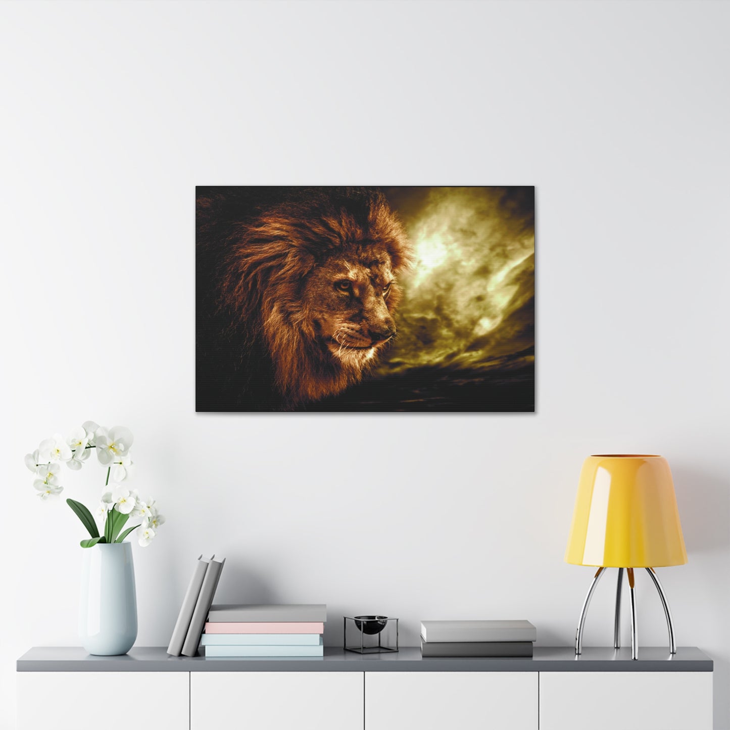 "Celestial King – Lion with Cloudscape Wall Art on canvas, acrylic, and metal – front view featuring a majestic lion against a dramatic sky."