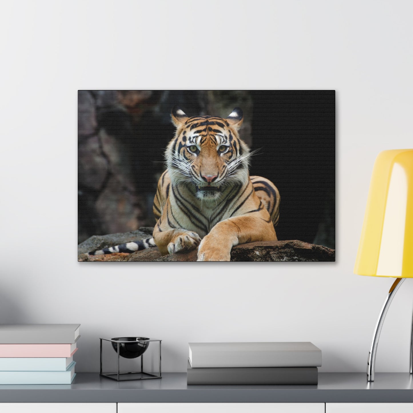 "Rock Throne – Tiger Resting on a Stone Wall Art on canvas, acrylic, and metal – front view featuring a majestic tiger lounging on a rugged rock."